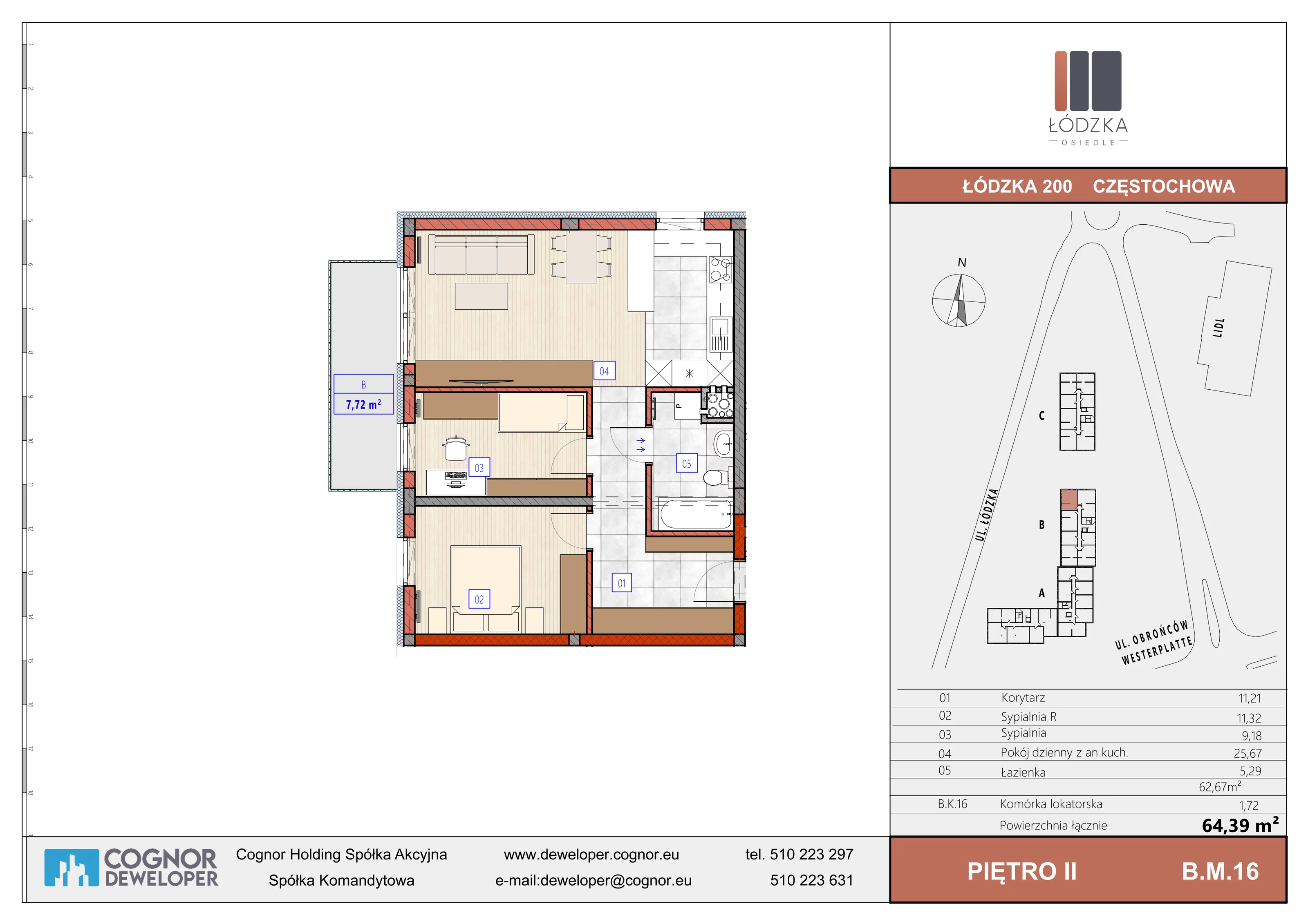 3 pokoje, mieszkanie 62,67 m², piętro 2, oferta nr B.M.16, Łódzka Osiedle, Częstochowa, Częstochówka-Parkitka, ul. Łódzka 198, 200, 202