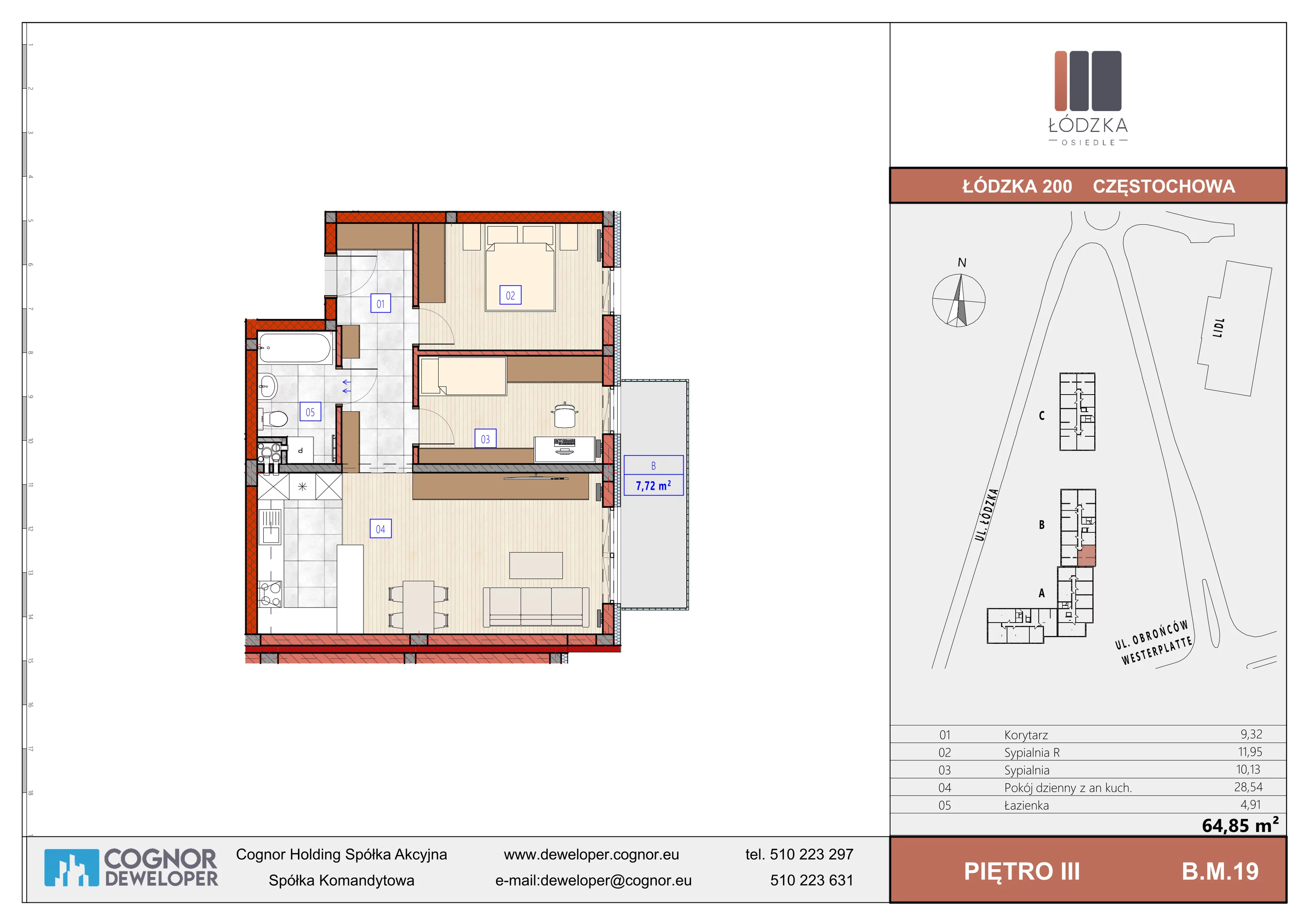 3 pokoje, mieszkanie 64,85 m², piętro 3, oferta nr B.M.19, Łódzka Osiedle, Częstochowa, Częstochówka-Parkitka, ul. Łódzka 198, 200, 202