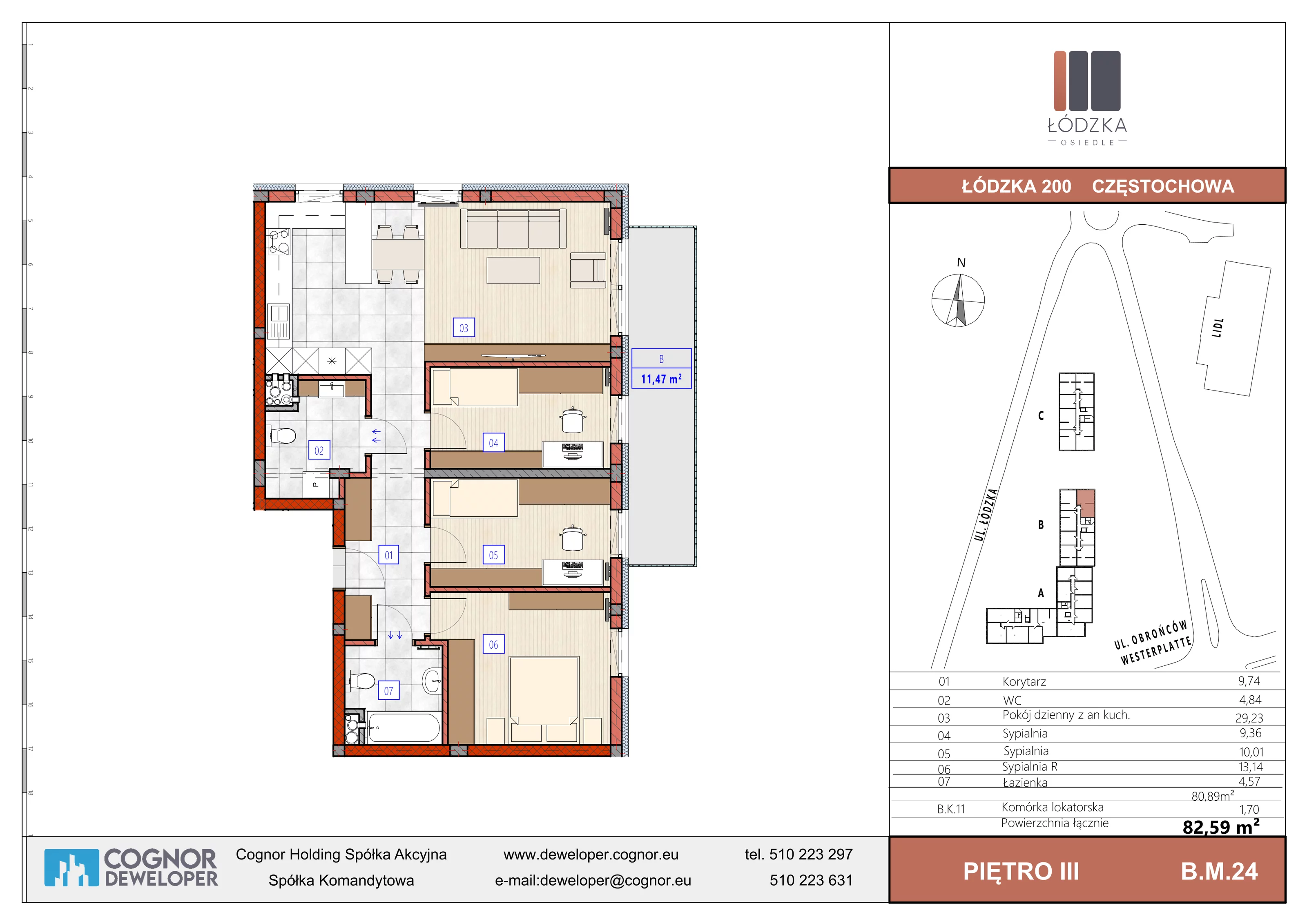 4 pokoje, mieszkanie 80,89 m², piętro 3, oferta nr B.M.24, Łódzka Osiedle, Częstochowa, Częstochówka-Parkitka, ul. Łódzka 198, 200, 202