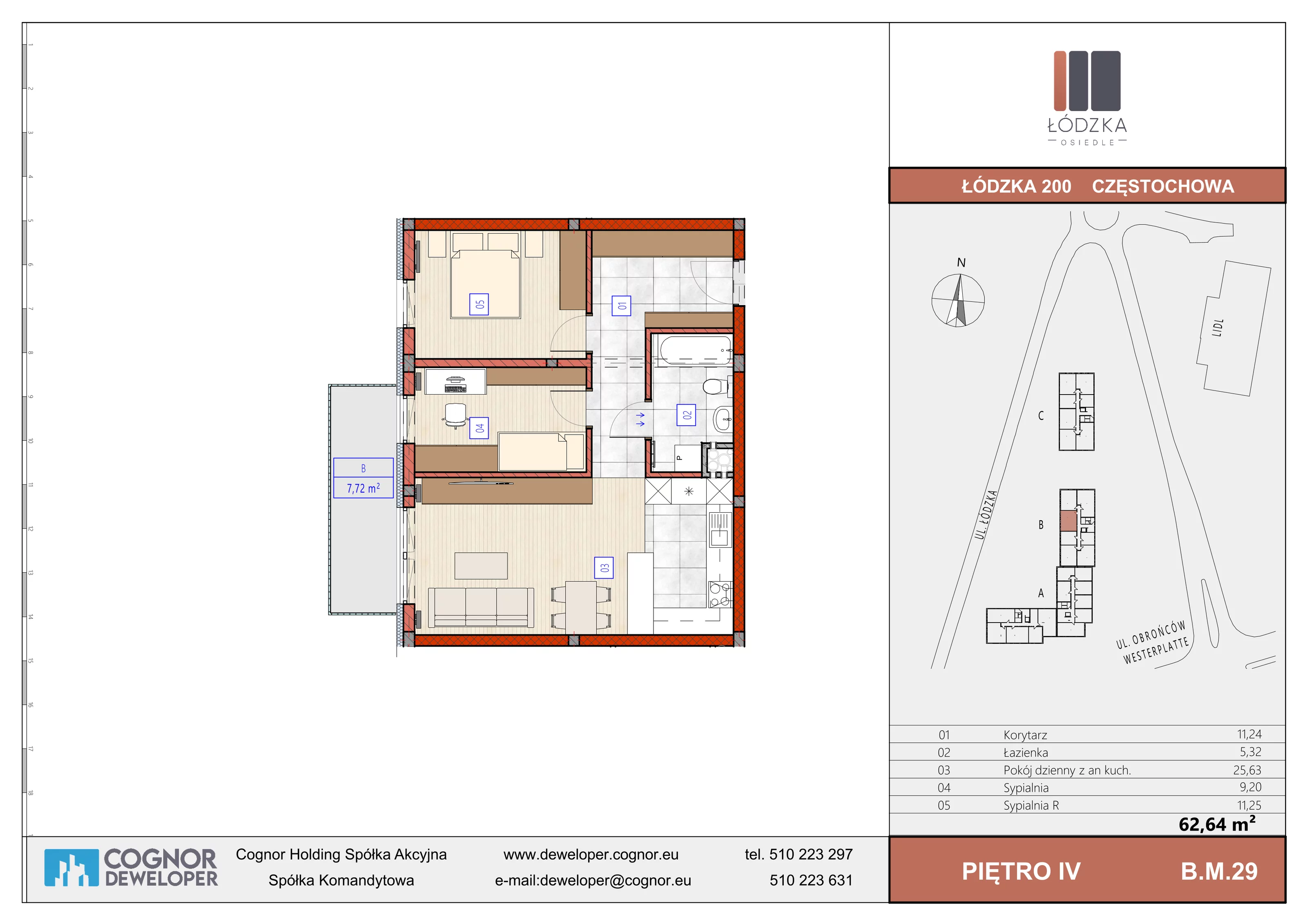 3 pokoje, mieszkanie 62,64 m², piętro 4, oferta nr B.M.29, Łódzka Osiedle, Częstochowa, Częstochówka-Parkitka, ul. Łódzka 198, 200, 202