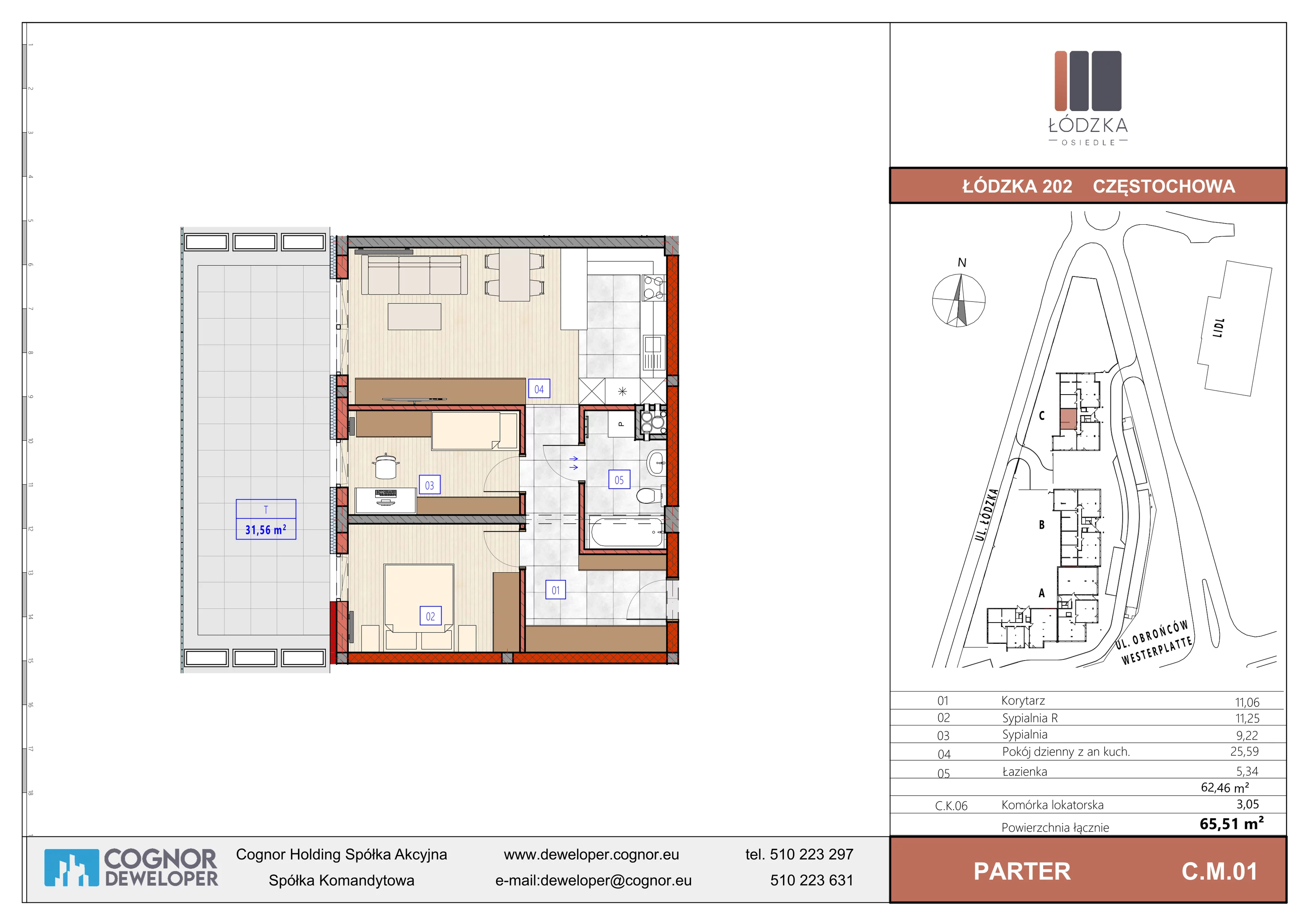 3 pokoje, mieszkanie 62,46 m², parter, oferta nr C.M.01, Łódzka Osiedle, Częstochowa, Częstochówka-Parkitka, ul. Łódzka 198, 200, 202