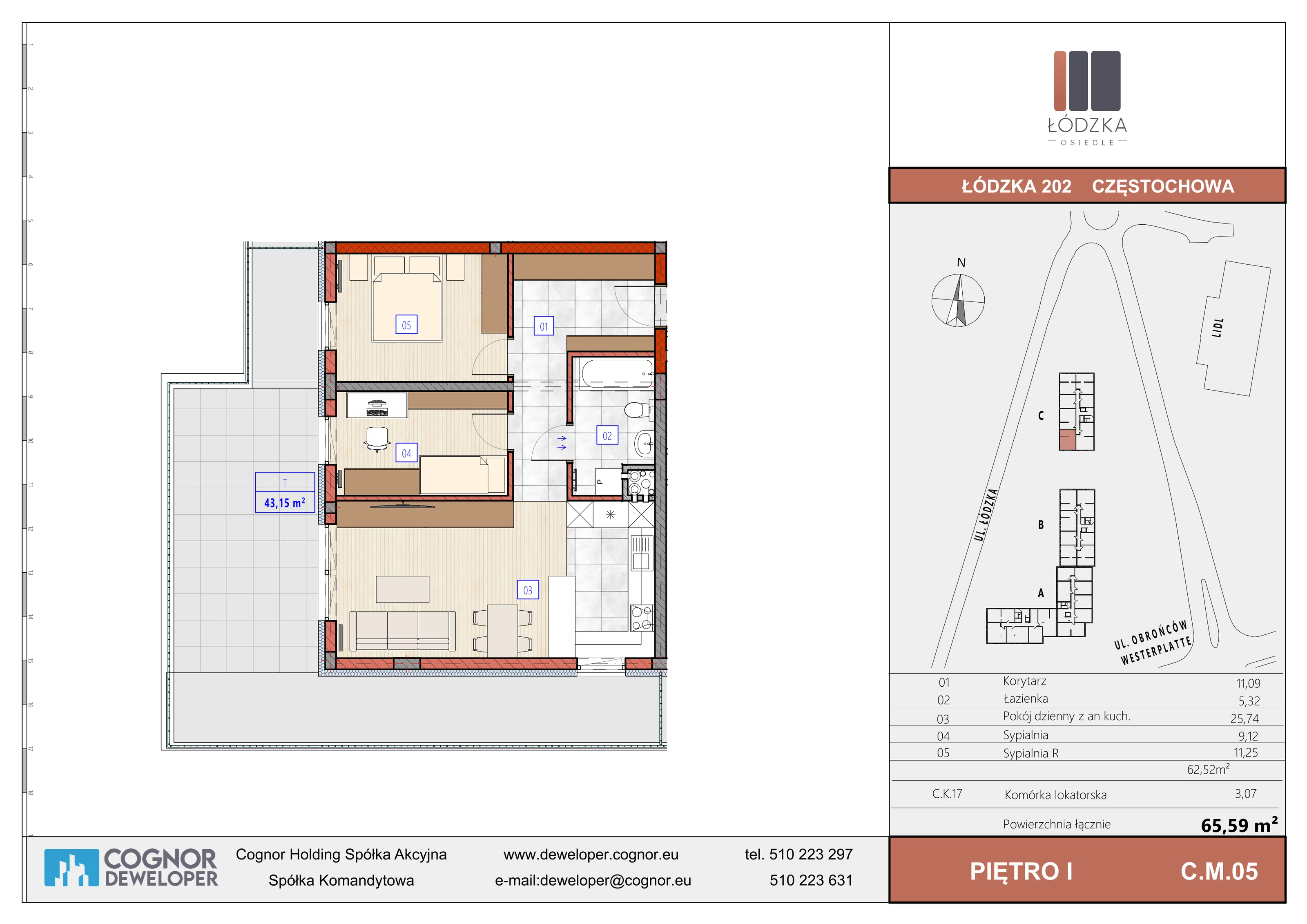 3 pokoje, mieszkanie 62,52 m², piętro 1, oferta nr C.M.05, Łódzka Osiedle, Częstochowa, Częstochówka-Parkitka, ul. Łódzka 198, 200, 202