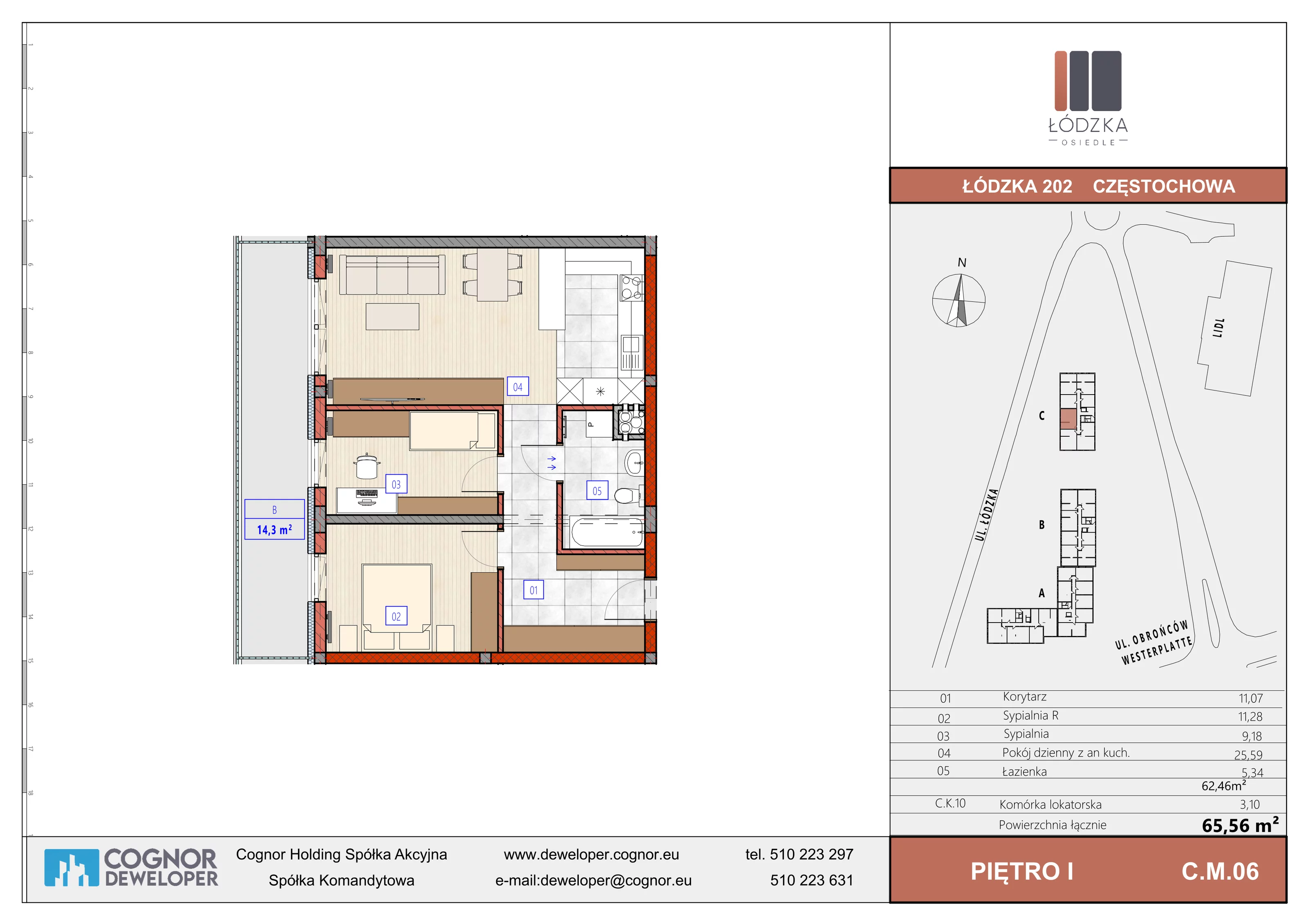 3 pokoje, mieszkanie 62,46 m², piętro 1, oferta nr C.M.06, Łódzka Osiedle, Częstochowa, Częstochówka-Parkitka, ul. Łódzka 198, 200, 202