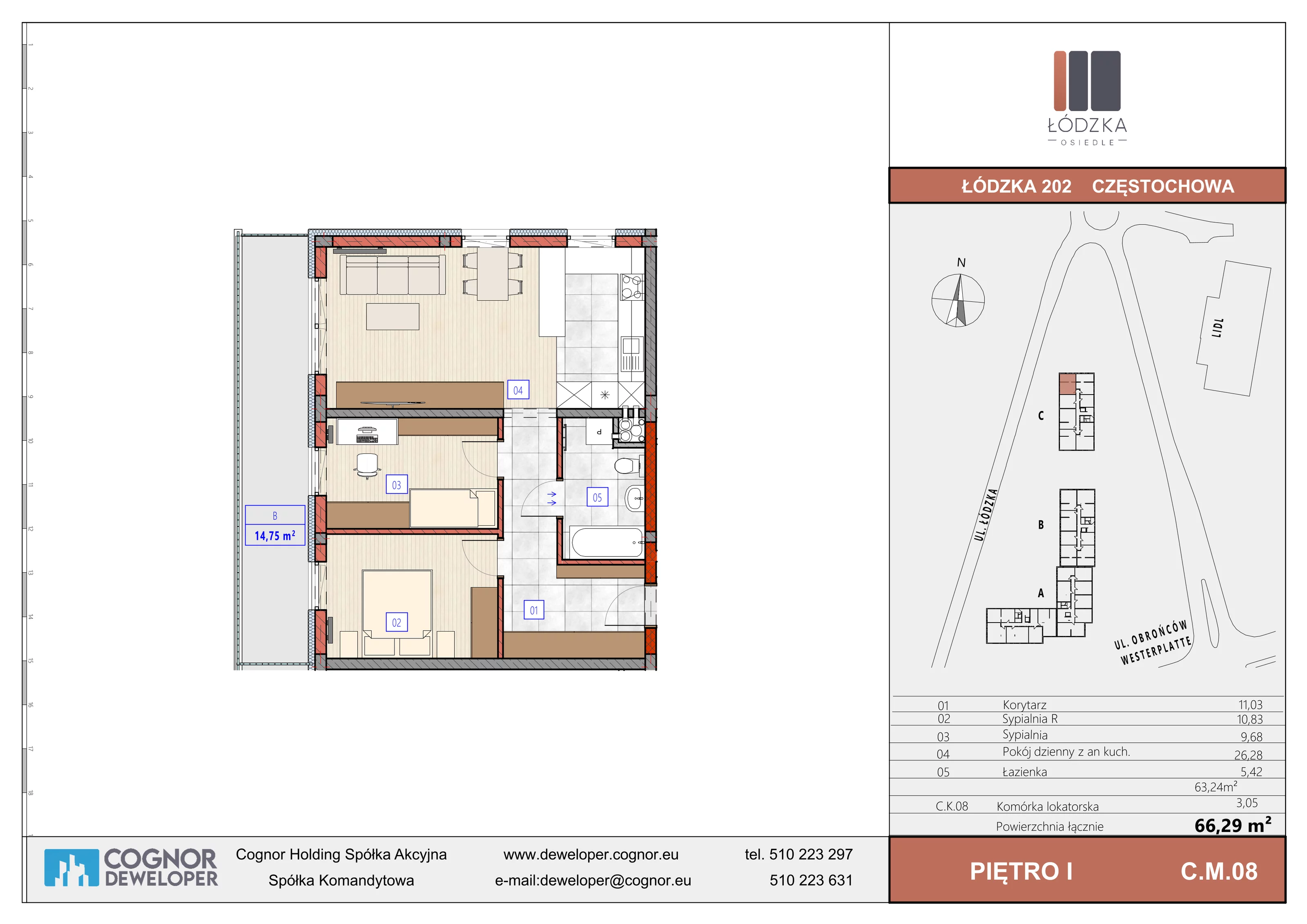 3 pokoje, mieszkanie 63,24 m², piętro 1, oferta nr C.M.08, Łódzka Osiedle, Częstochowa, Częstochówka-Parkitka, ul. Łódzka 198, 200, 202