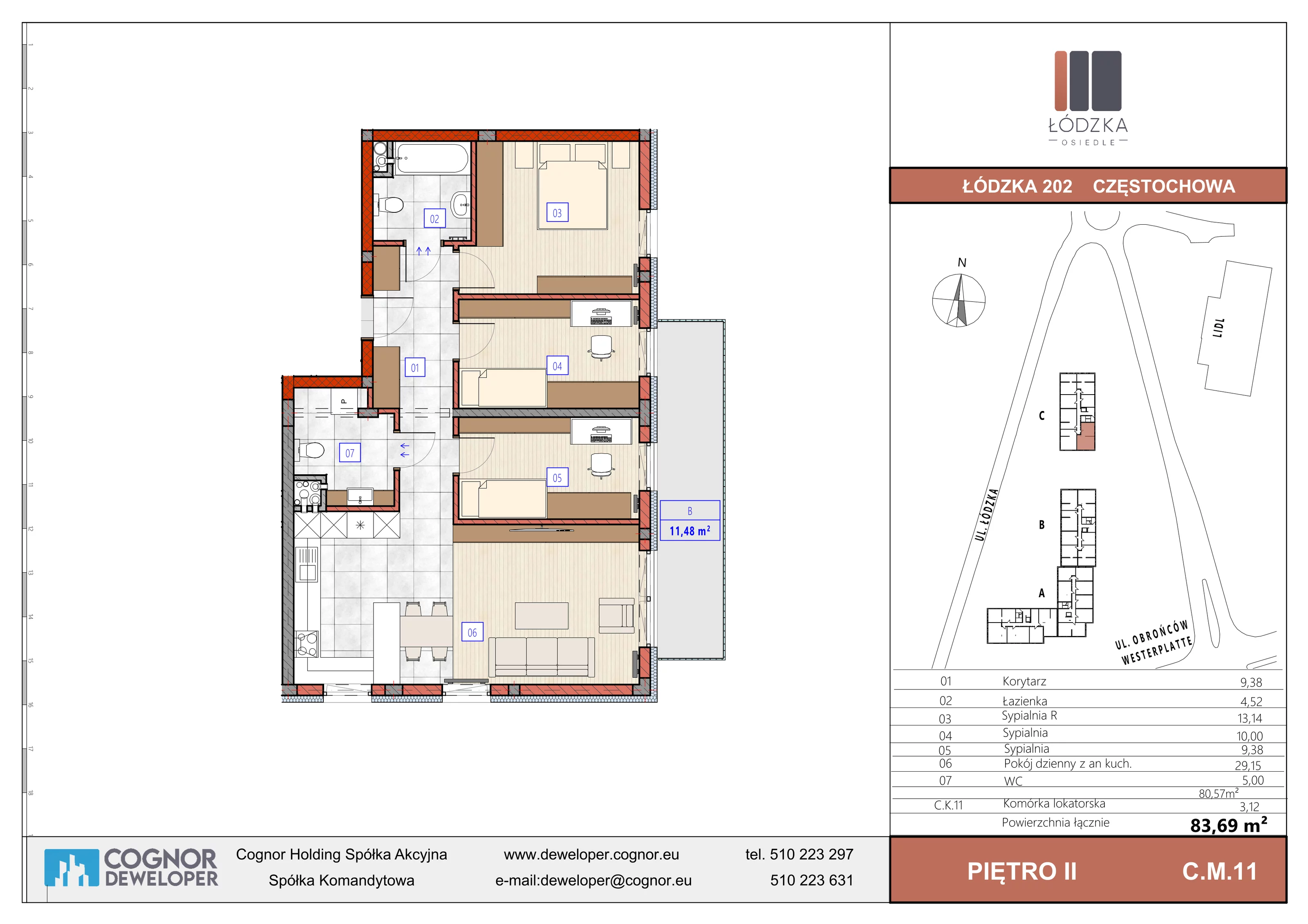 4 pokoje, mieszkanie 80,57 m², piętro 2, oferta nr C.M.11, Łódzka Osiedle, Częstochowa, Częstochówka-Parkitka, ul. Łódzka 198, 200, 202