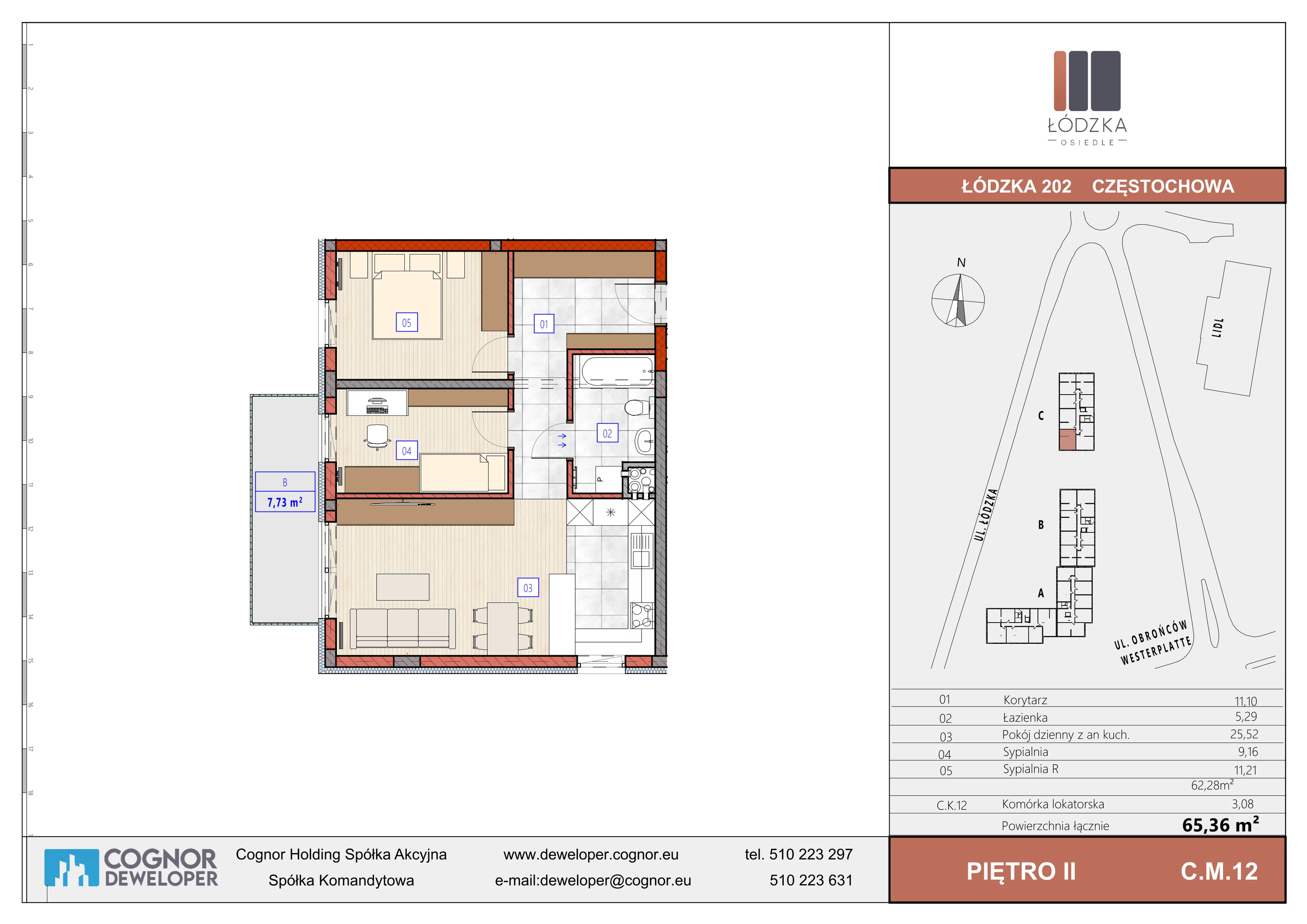 3 pokoje, mieszkanie 62,28 m², piętro 2, oferta nr C.M.12, Łódzka Osiedle, Częstochowa, Częstochówka-Parkitka, ul. Łódzka 198, 200, 202