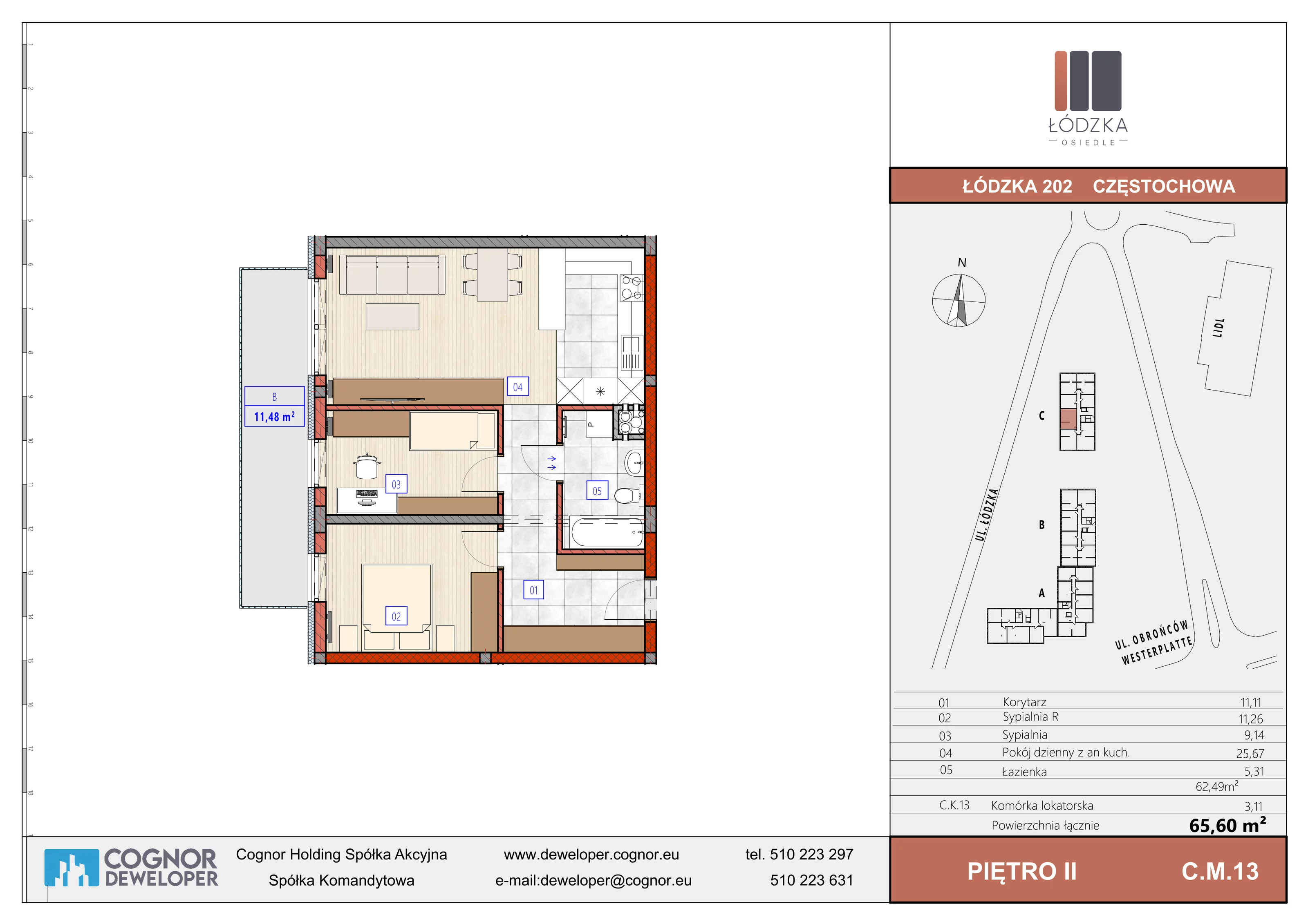 3 pokoje, mieszkanie 62,49 m², piętro 2, oferta nr C.M.13, Łódzka Osiedle, Częstochowa, Częstochówka-Parkitka, ul. Łódzka 198, 200, 202