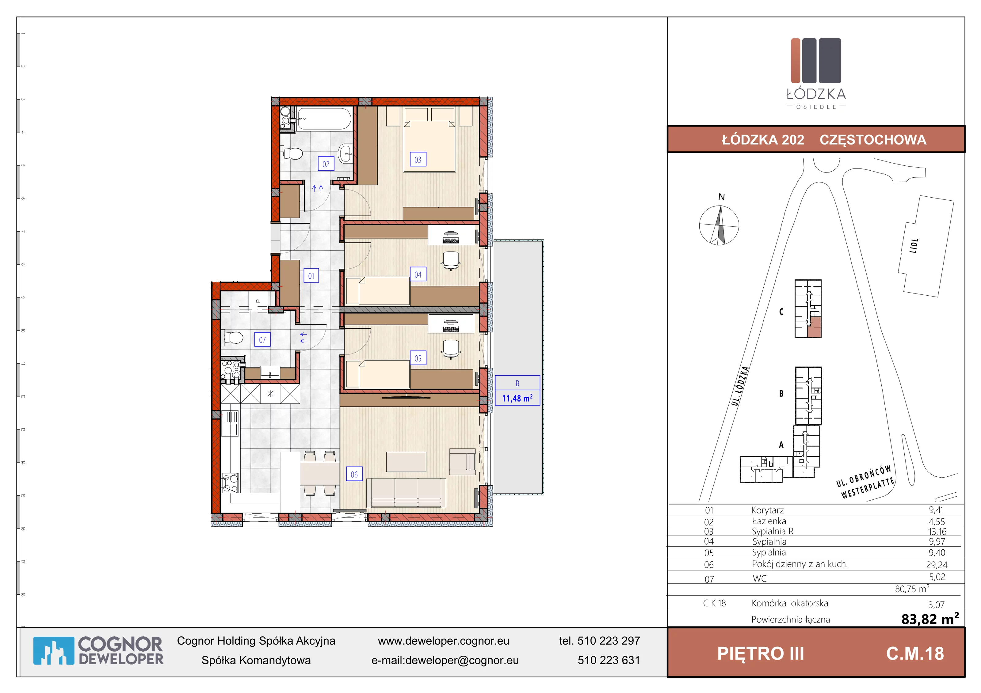 4 pokoje, mieszkanie 80,75 m², piętro 3, oferta nr C.M.18, Łódzka Osiedle, Częstochowa, Częstochówka-Parkitka, ul. Łódzka 198, 200, 202