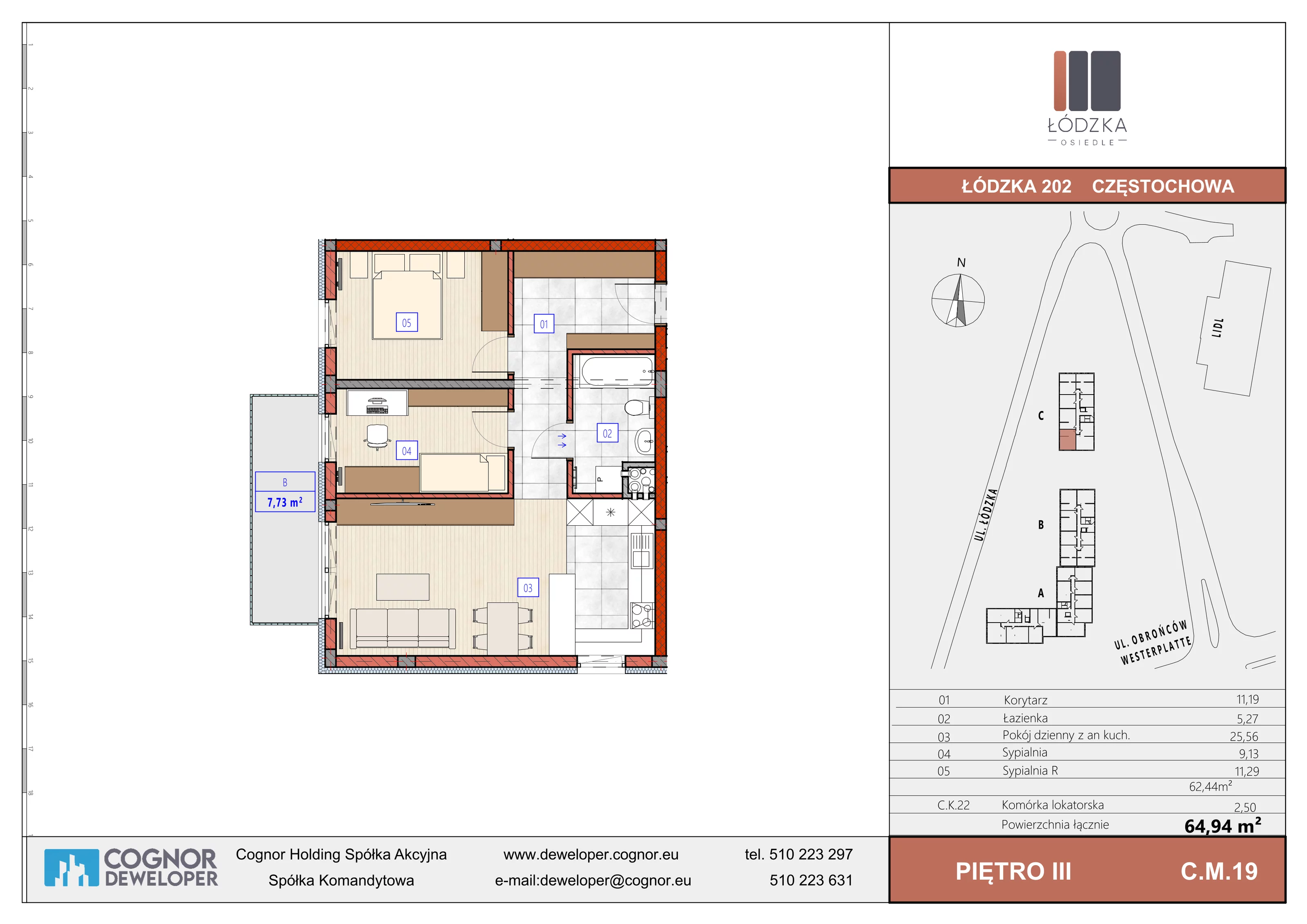 3 pokoje, mieszkanie 62,44 m², piętro 3, oferta nr C.M.19, Łódzka Osiedle, Częstochowa, Częstochówka-Parkitka, ul. Łódzka 198, 200, 202