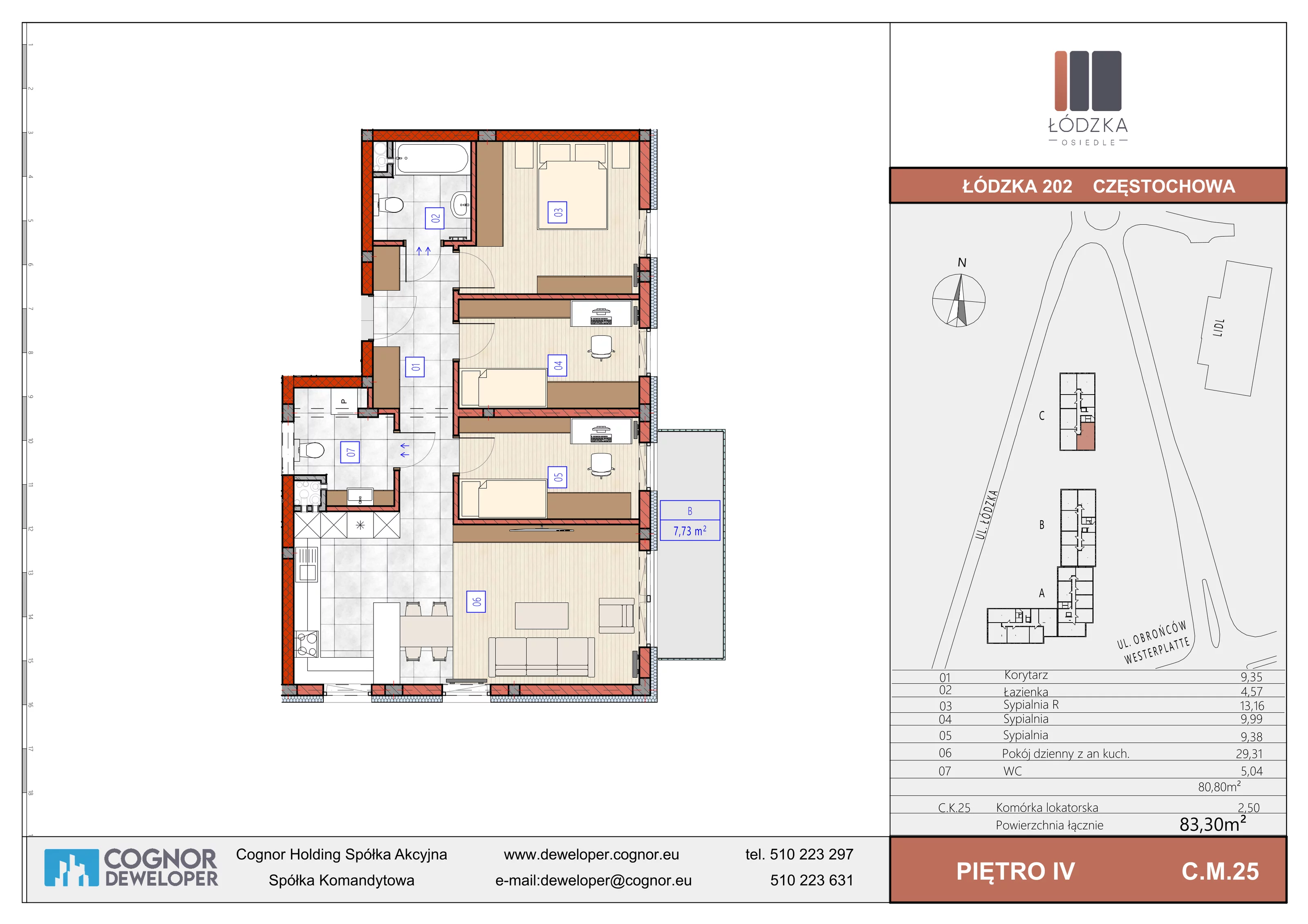 4 pokoje, mieszkanie 80,80 m², piętro 4, oferta nr C.M.25, Łódzka Osiedle, Częstochowa, Częstochówka-Parkitka, ul. Łódzka 198, 200, 202