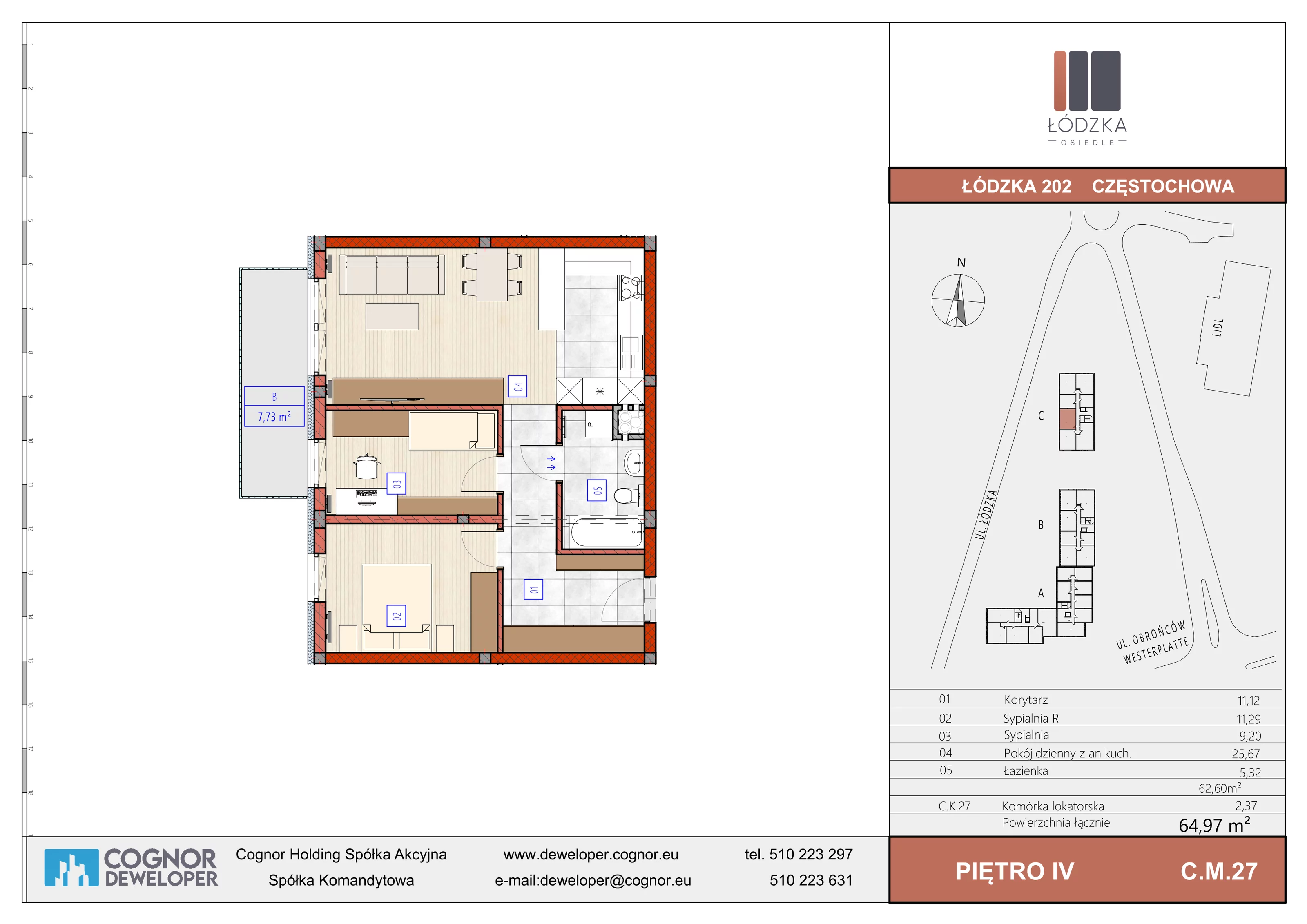 3 pokoje, mieszkanie 62,60 m², piętro 4, oferta nr C.M.27, Łódzka Osiedle, Częstochowa, Częstochówka-Parkitka, ul. Łódzka 198, 200, 202
