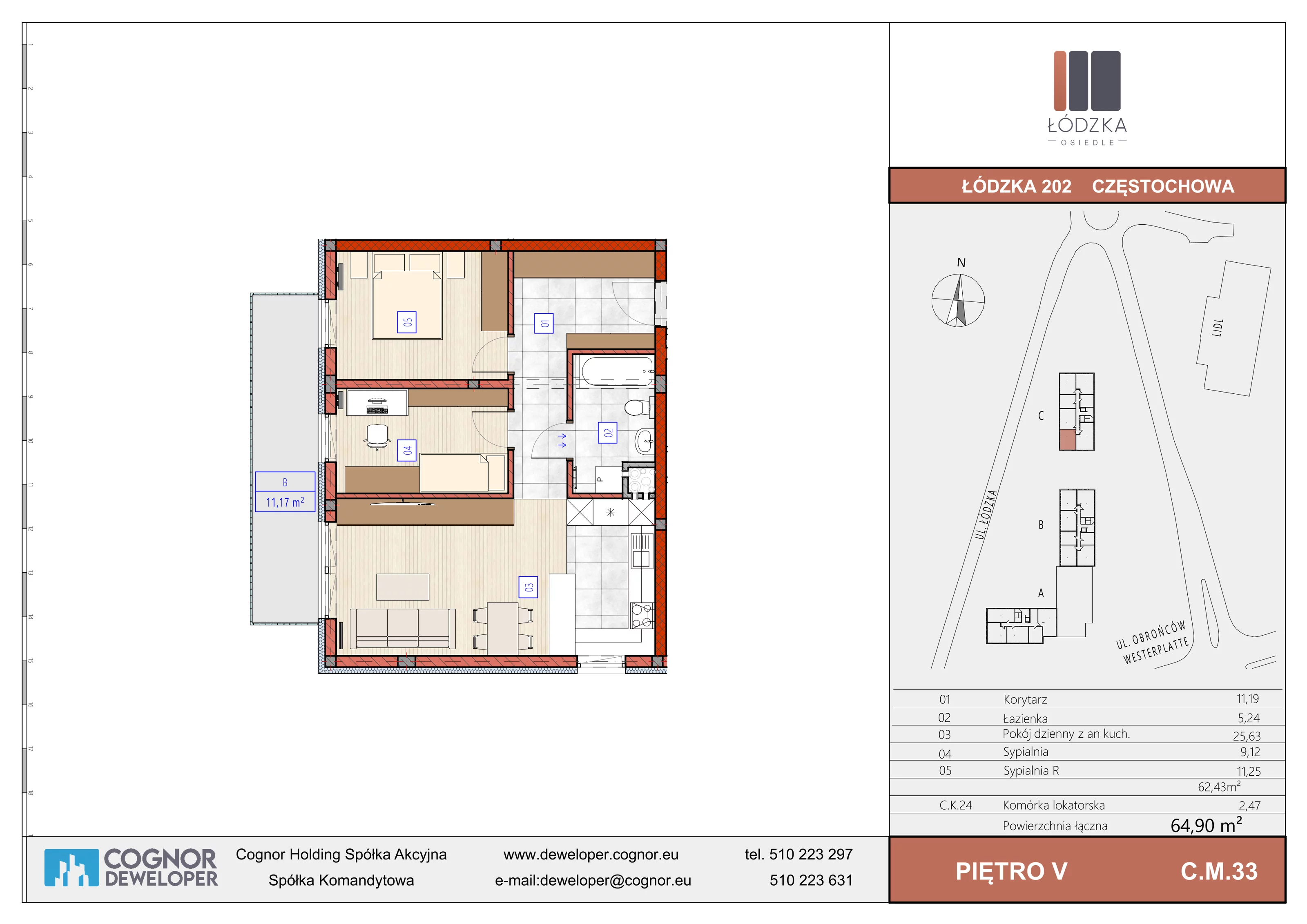 3 pokoje, mieszkanie 62,43 m², piętro 5, oferta nr C.M.33, Łódzka Osiedle, Częstochowa, Częstochówka-Parkitka, ul. Łódzka 198, 200, 202