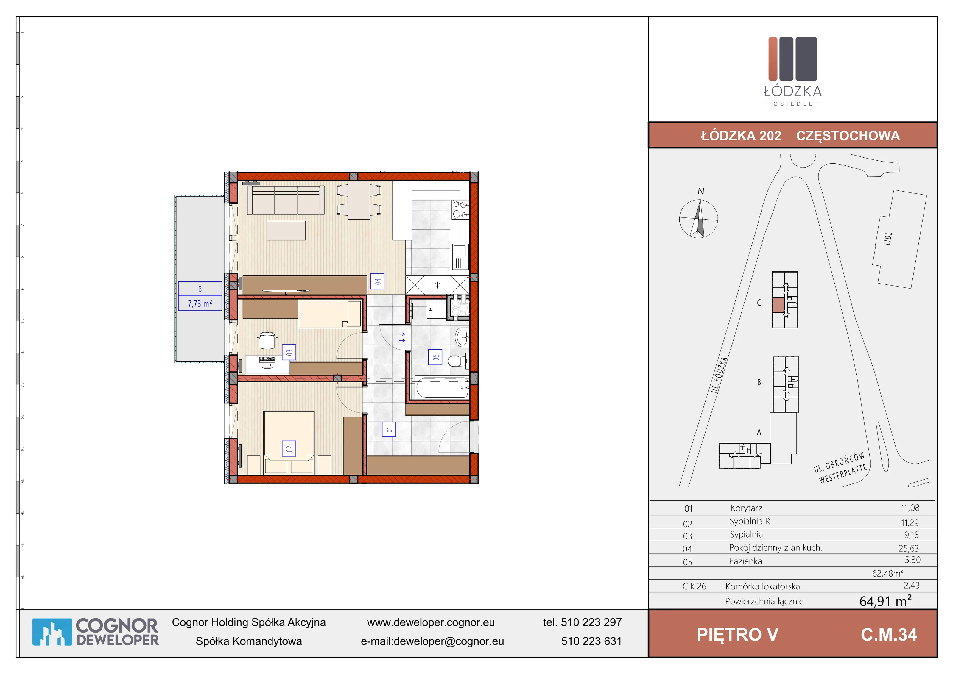 3 pokoje, mieszkanie 62,48 m², piętro 5, oferta nr C.M.34, Łódzka Osiedle, Częstochowa, Częstochówka-Parkitka, ul. Łódzka 198, 200, 202