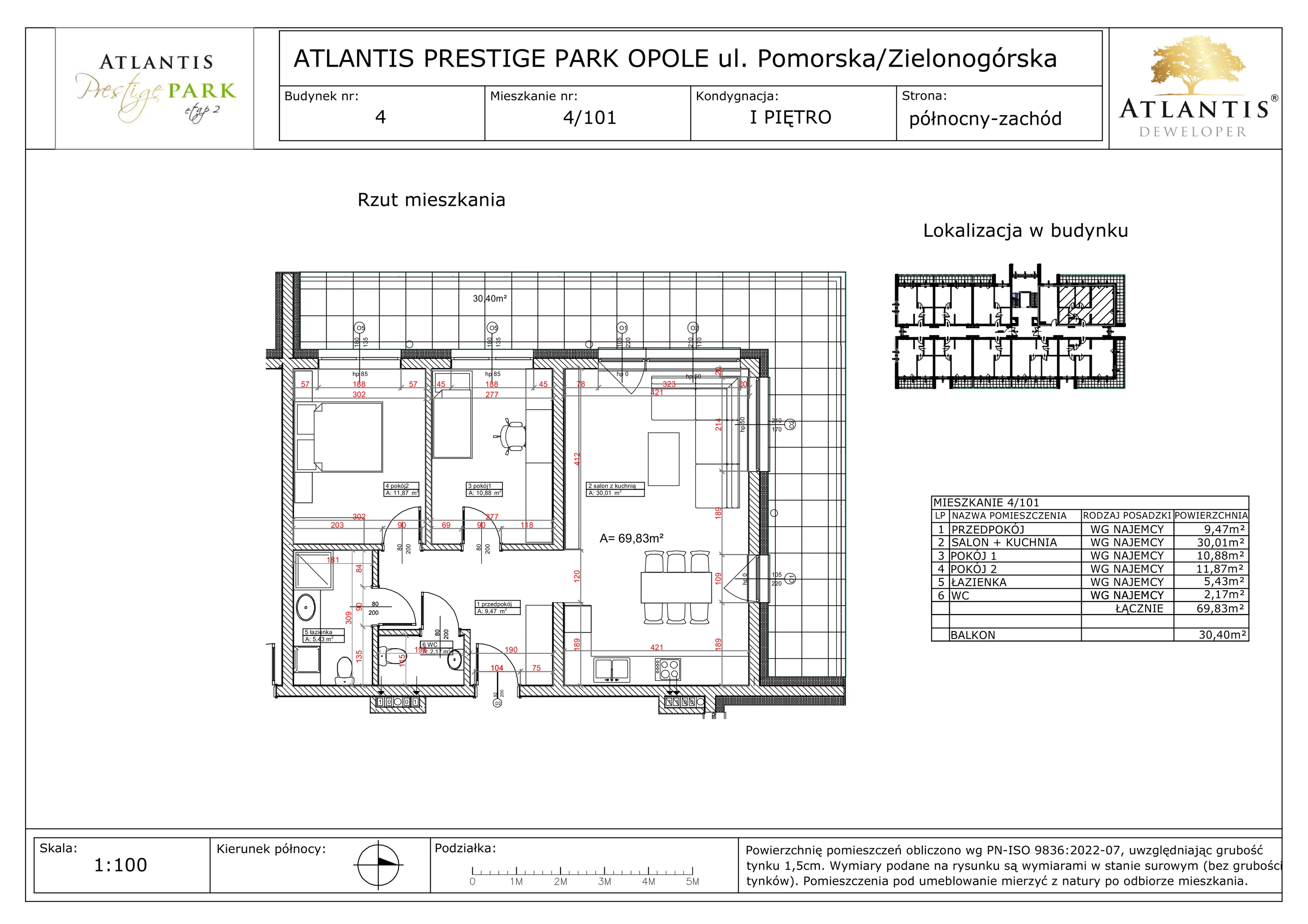 3 pokoje, apartament 69,83 m², piętro 1, oferta nr 4/101, Atlantis Prestige Park, Opole, Malinka, ul. Pomorska / Zielonogórska / Harcmistrza Kamińskiego
