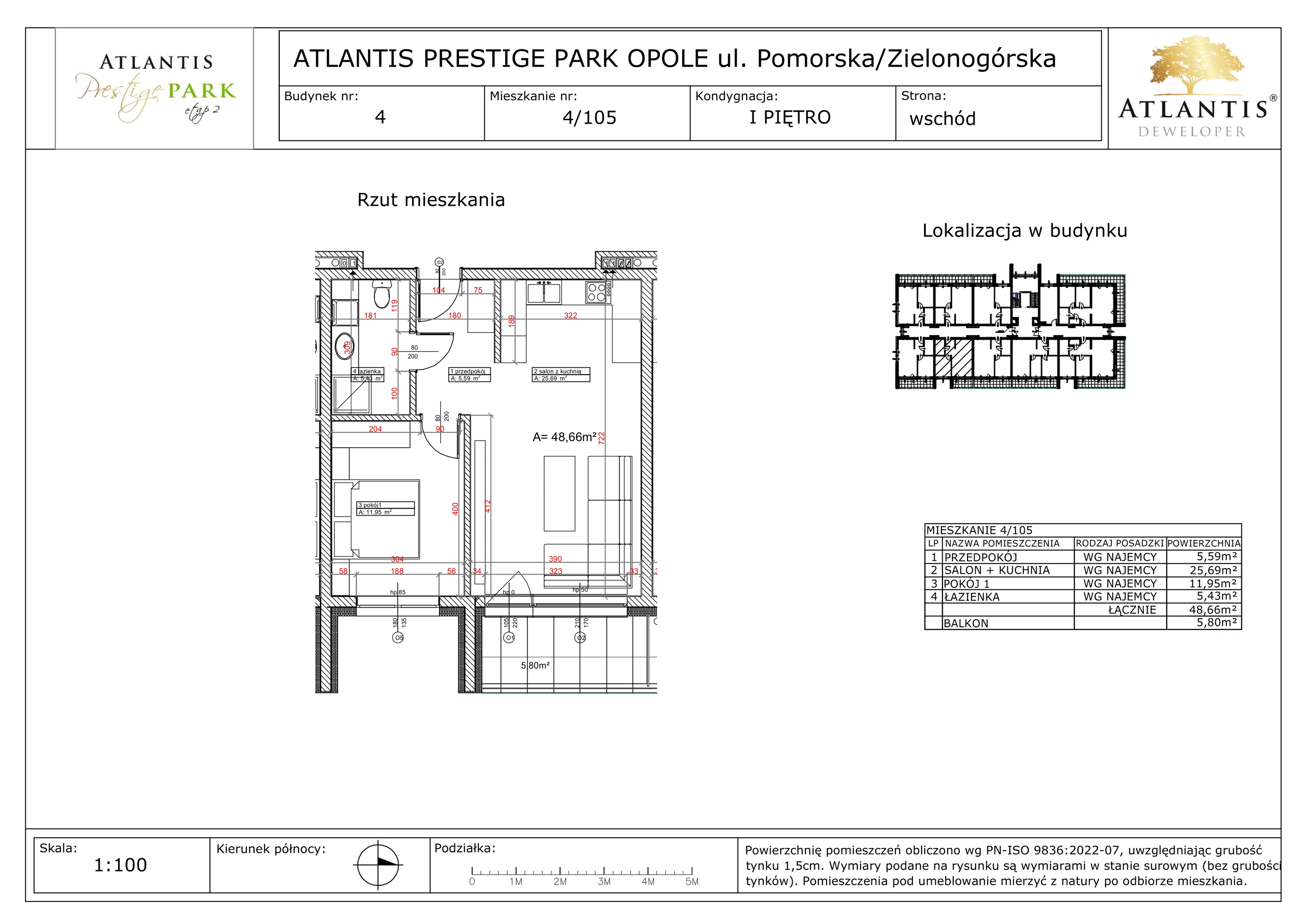 2 pokoje, apartament 48,66 m², piętro 1, oferta nr 4/105, Atlantis Prestige Park, Opole, Malinka, ul. Pomorska / Zielonogórska / Harcmistrza Kamińskiego