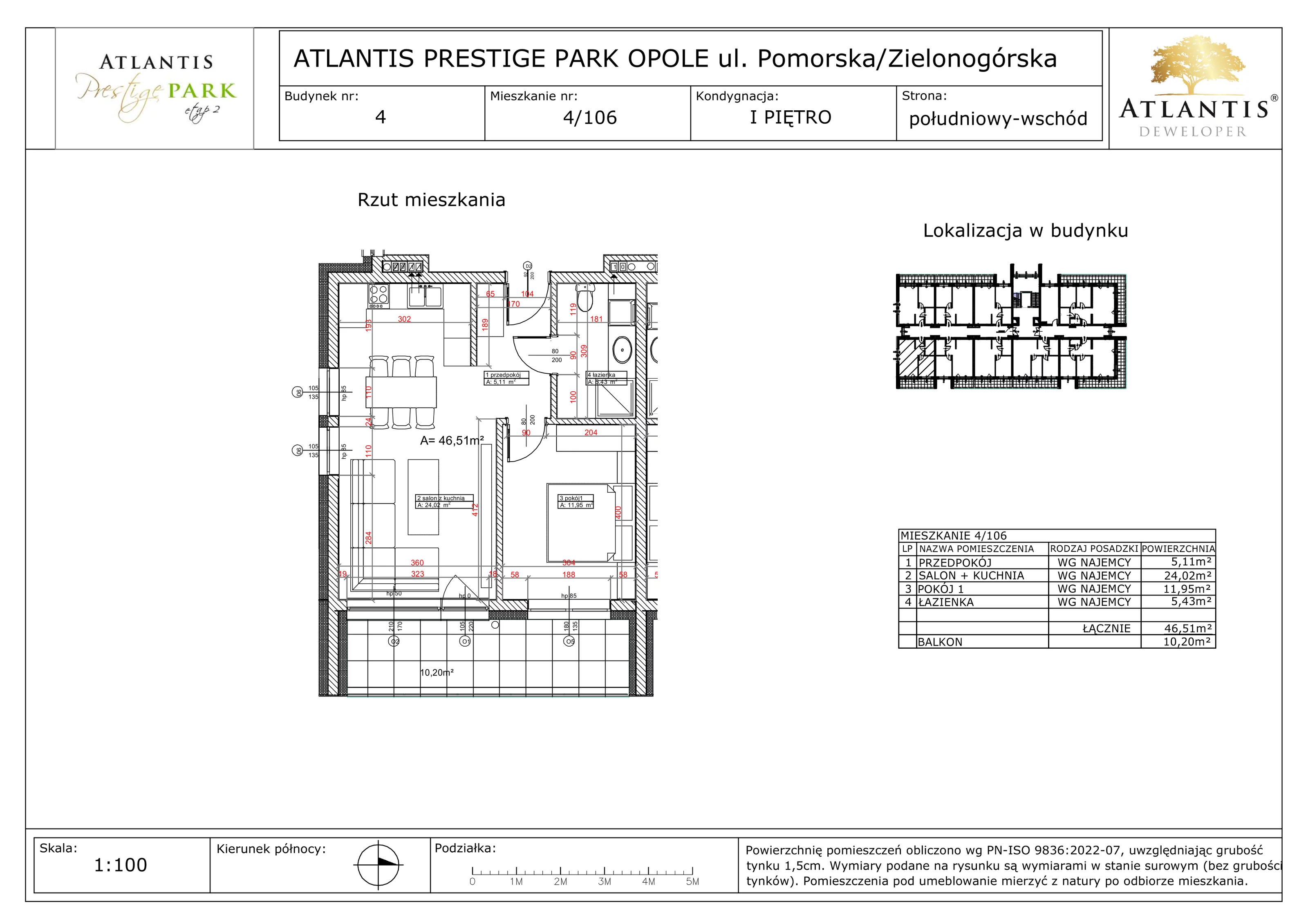 2 pokoje, apartament 46,51 m², piętro 1, oferta nr 4/106, Atlantis Prestige Park, Opole, Malinka, ul. Pomorska / Zielonogórska / Harcmistrza Kamińskiego