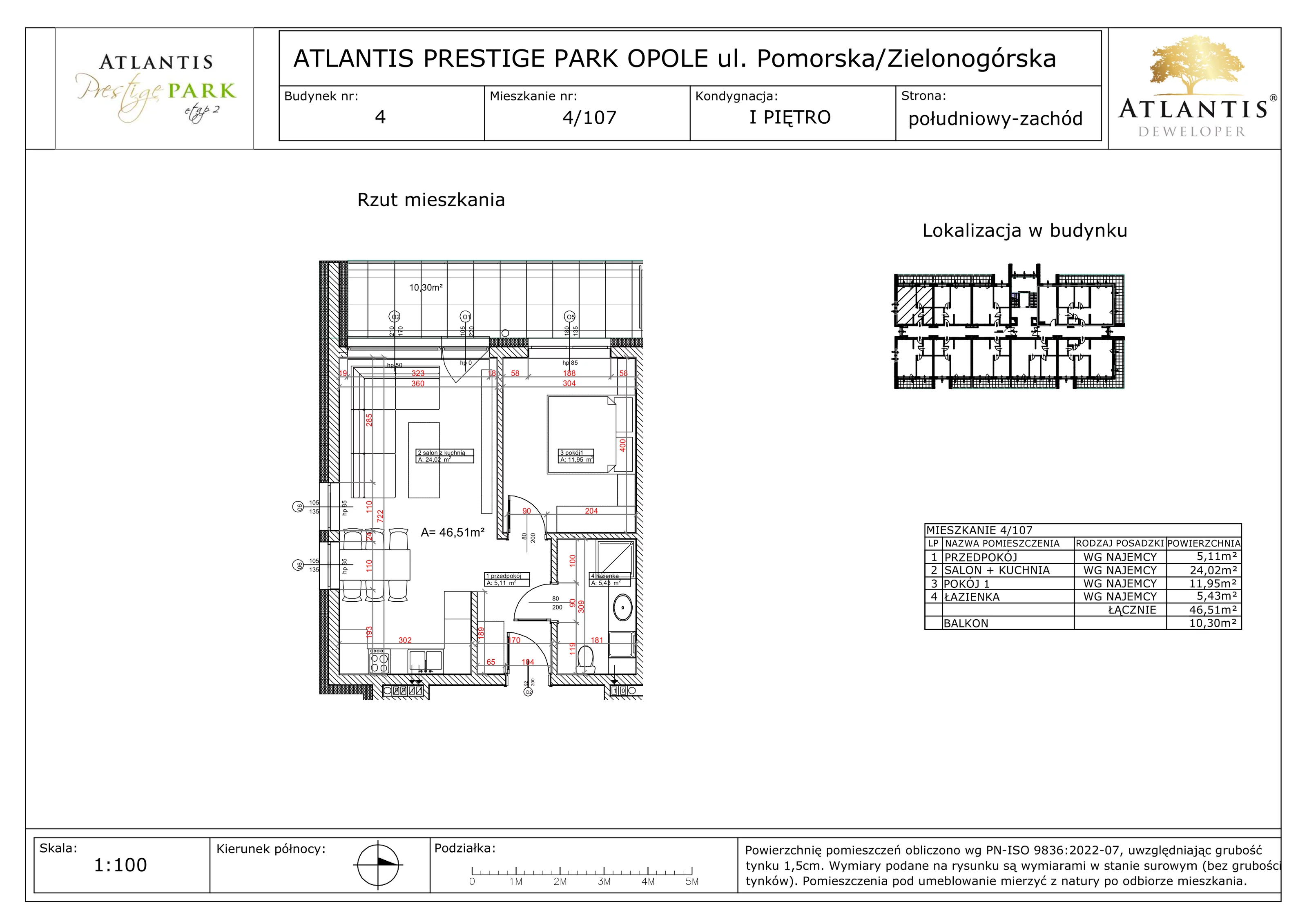 2 pokoje, apartament 46,51 m², piętro 1, oferta nr 4/107, Atlantis Prestige Park, Opole, Malinka, ul. Pomorska / Zielonogórska / Harcmistrza Kamińskiego
