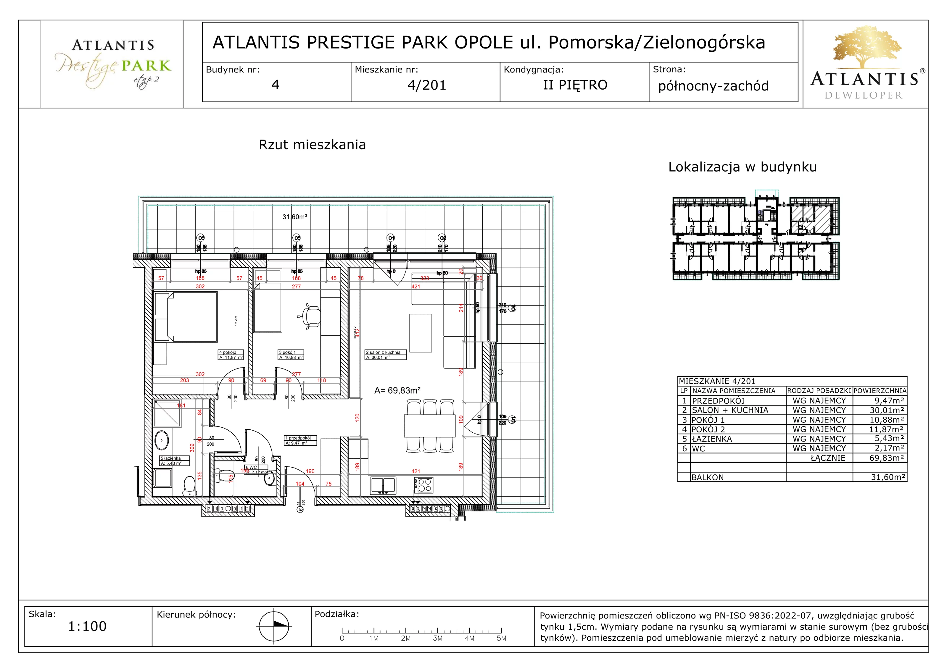 3 pokoje, apartament 69,83 m², piętro 2, oferta nr 4/201, Atlantis Prestige Park, Opole, Malinka, ul. Pomorska / Zielonogórska / Harcmistrza Kamińskiego