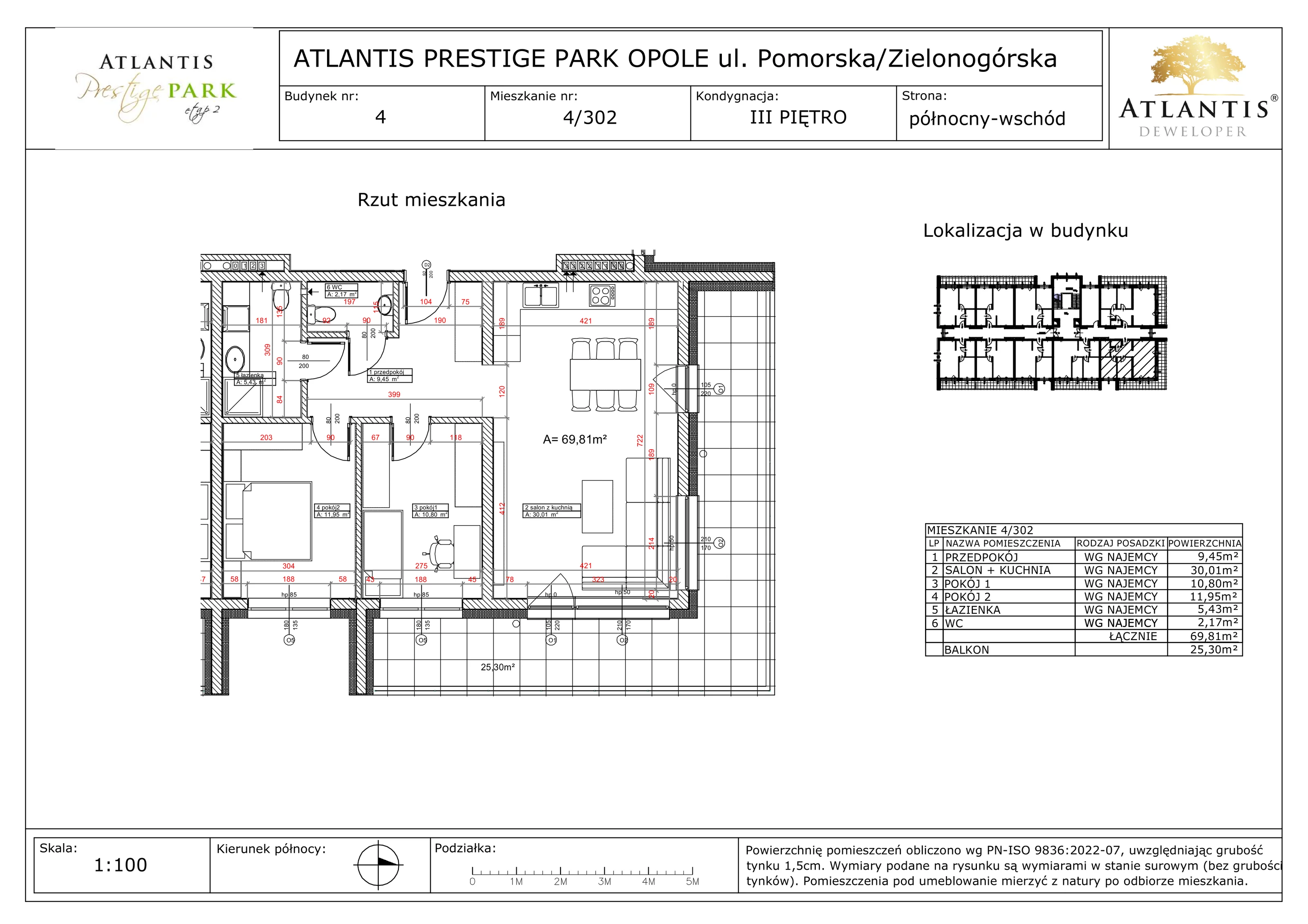 3 pokoje, apartament 69,81 m², piętro 3, oferta nr 4/302, Atlantis Prestige Park, Opole, Malinka, ul. Pomorska / Zielonogórska / Harcmistrza Kamińskiego