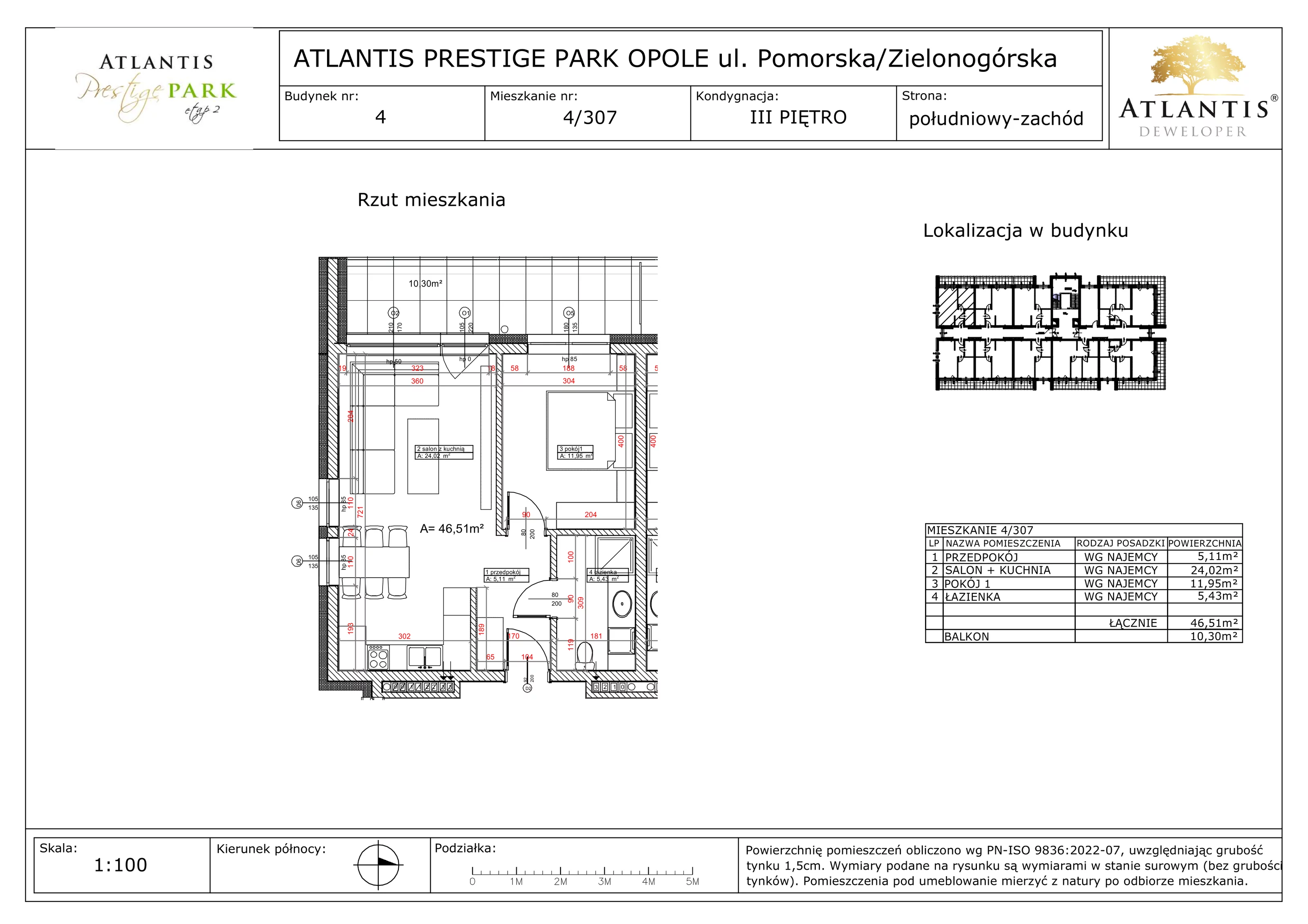 2 pokoje, apartament 46,51 m², piętro 3, oferta nr 4/307, Atlantis Prestige Park, Opole, Malinka, ul. Pomorska / Zielonogórska / Harcmistrza Kamińskiego