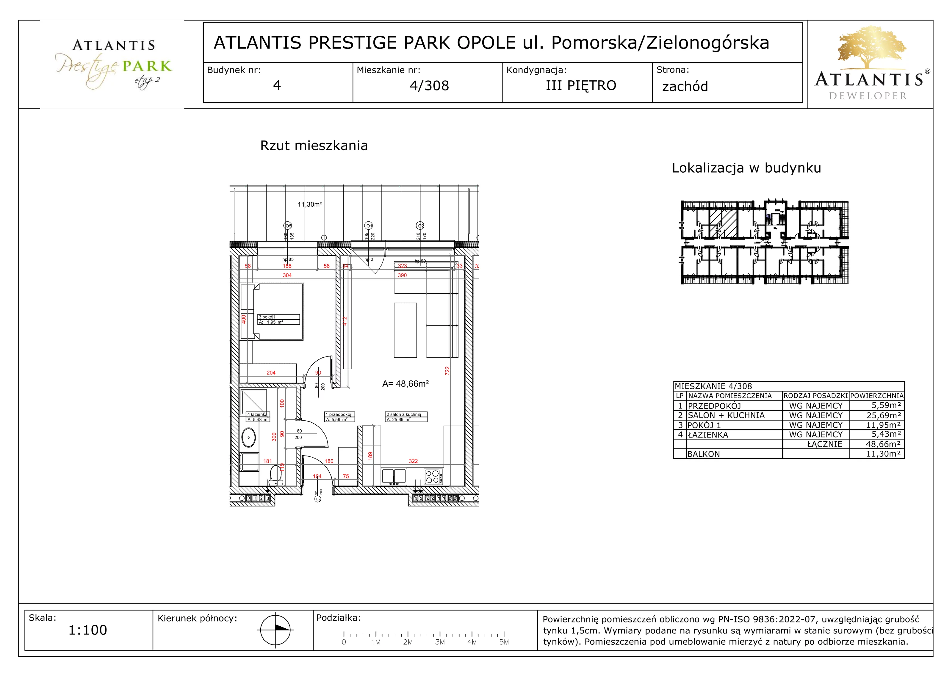 2 pokoje, apartament 48,66 m², piętro 3, oferta nr 4/308, Atlantis Prestige Park, Opole, Malinka, ul. Pomorska / Zielonogórska / Harcmistrza Kamińskiego