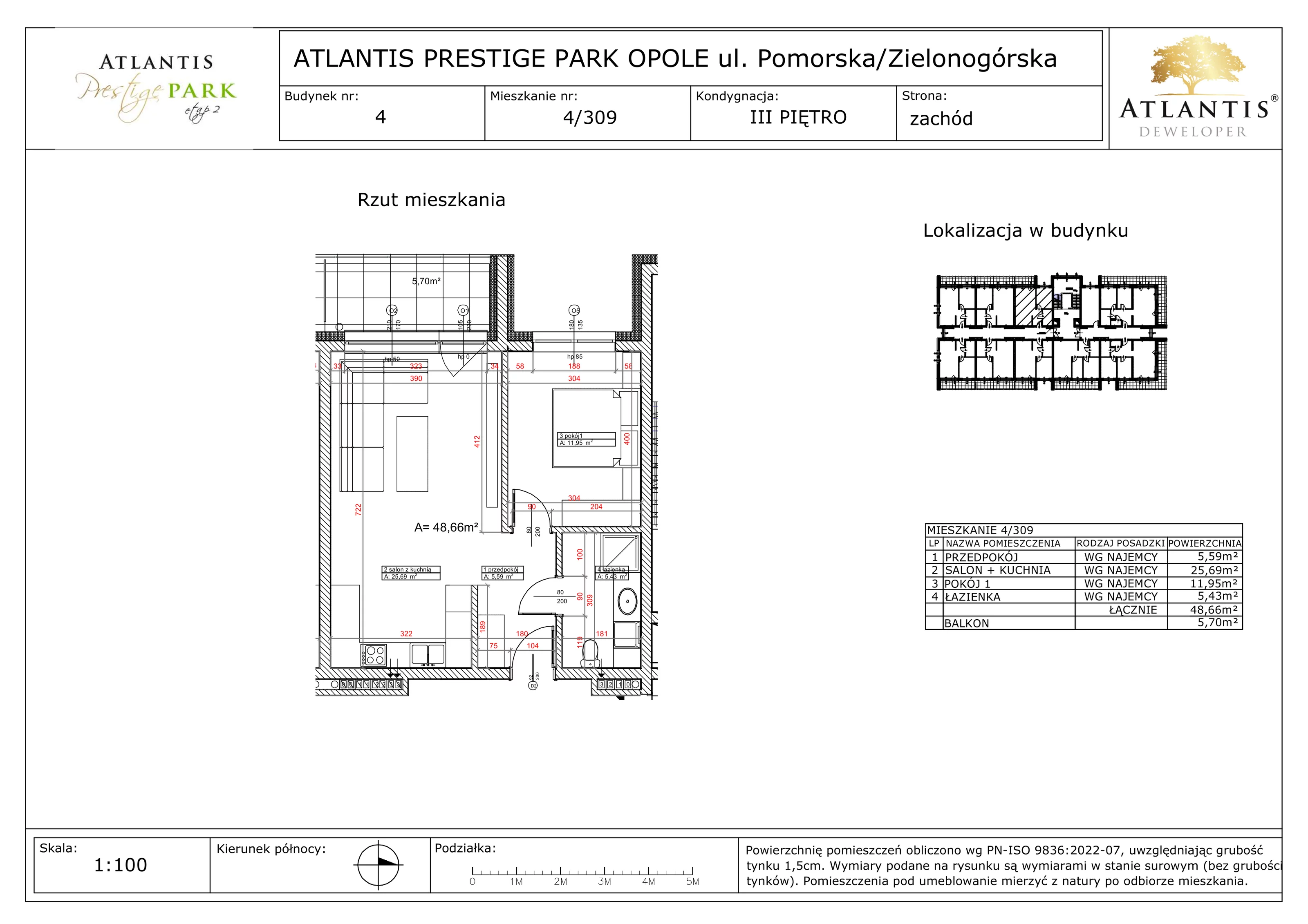 2 pokoje, apartament 48,66 m², piętro 3, oferta nr 4/309, Atlantis Prestige Park, Opole, Malinka, ul. Pomorska / Zielonogórska / Harcmistrza Kamińskiego