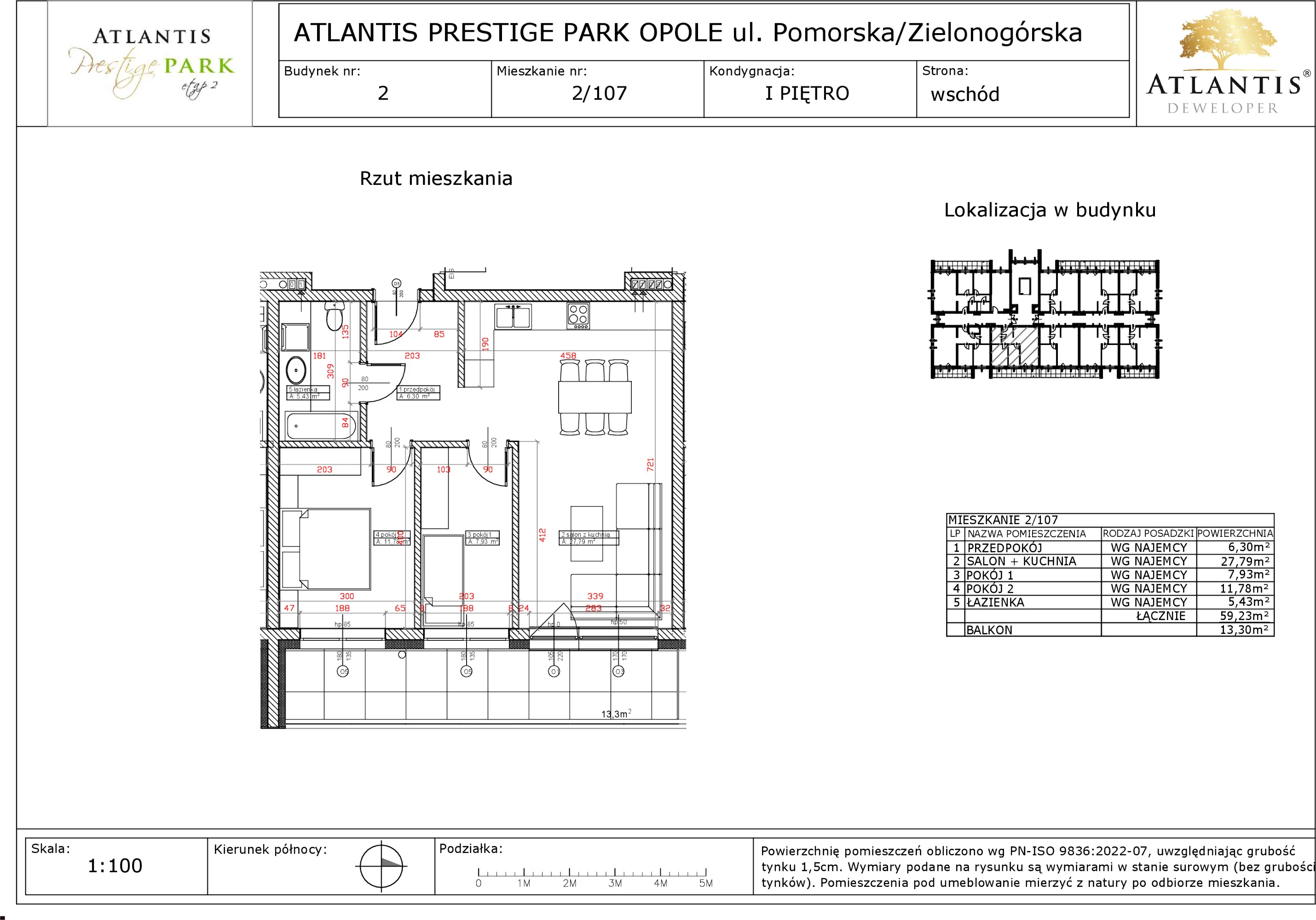 3 pokoje, apartament 59,23 m², piętro 1, oferta nr 2/107, Atlantis Prestige Park, Opole, Malinka, ul. Pomorska / Zielonogórska / Harcmistrza Kamińskiego
