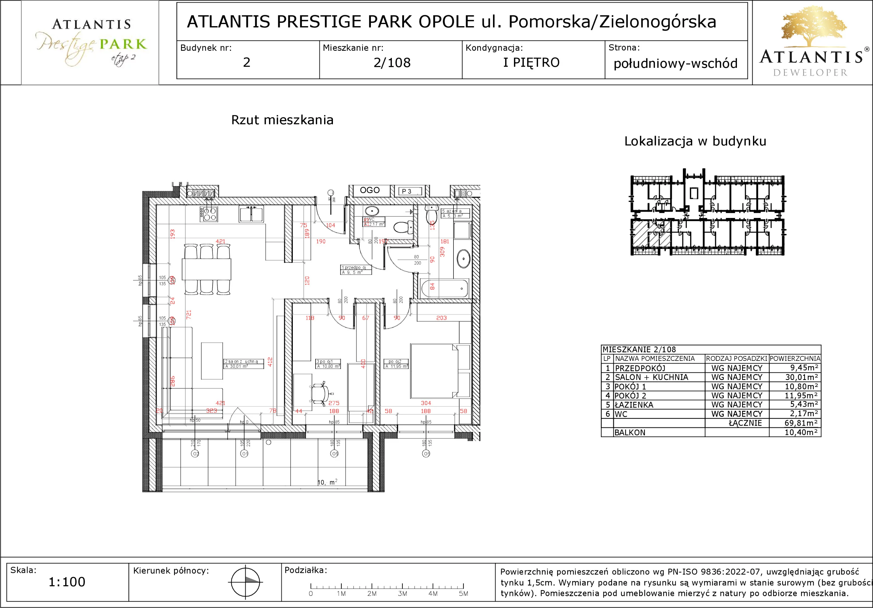 3 pokoje, apartament 69,81 m², piętro 1, oferta nr 2/108, Atlantis Prestige Park, Opole, Malinka, ul. Pomorska / Zielonogórska / Harcmistrza Kamińskiego