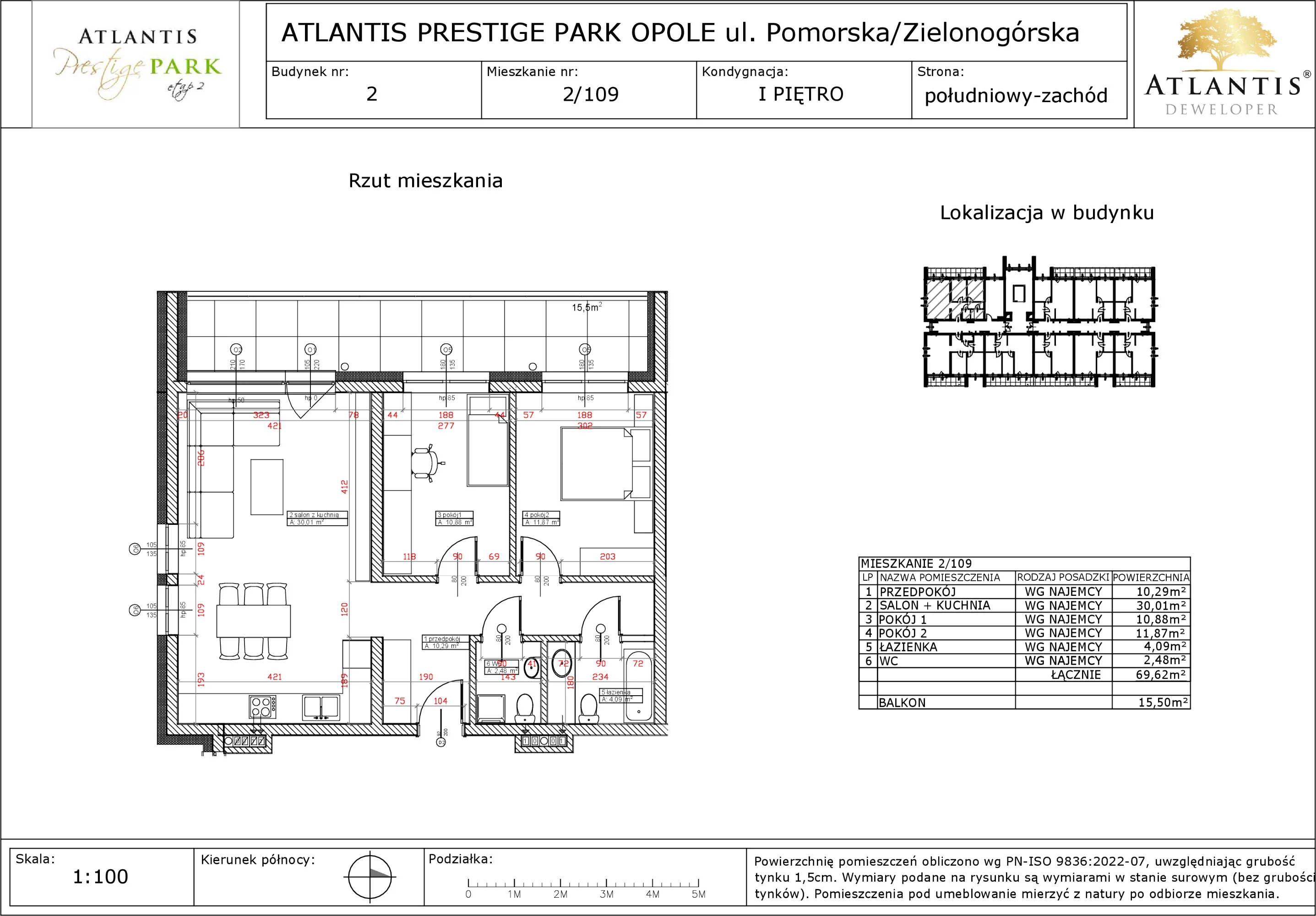 3 pokoje, apartament 69,62 m², piętro 1, oferta nr 2/109, Atlantis Prestige Park, Opole, Malinka, ul. Pomorska / Zielonogórska / Harcmistrza Kamińskiego