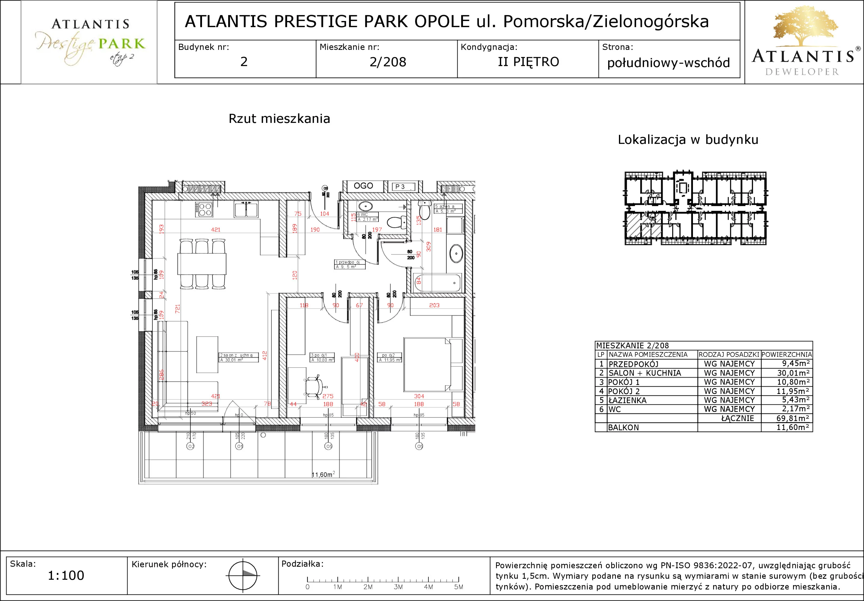 3 pokoje, apartament 69,81 m², piętro 2, oferta nr 2/208, Atlantis Prestige Park, Opole, Malinka, ul. Pomorska / Zielonogórska / Harcmistrza Kamińskiego