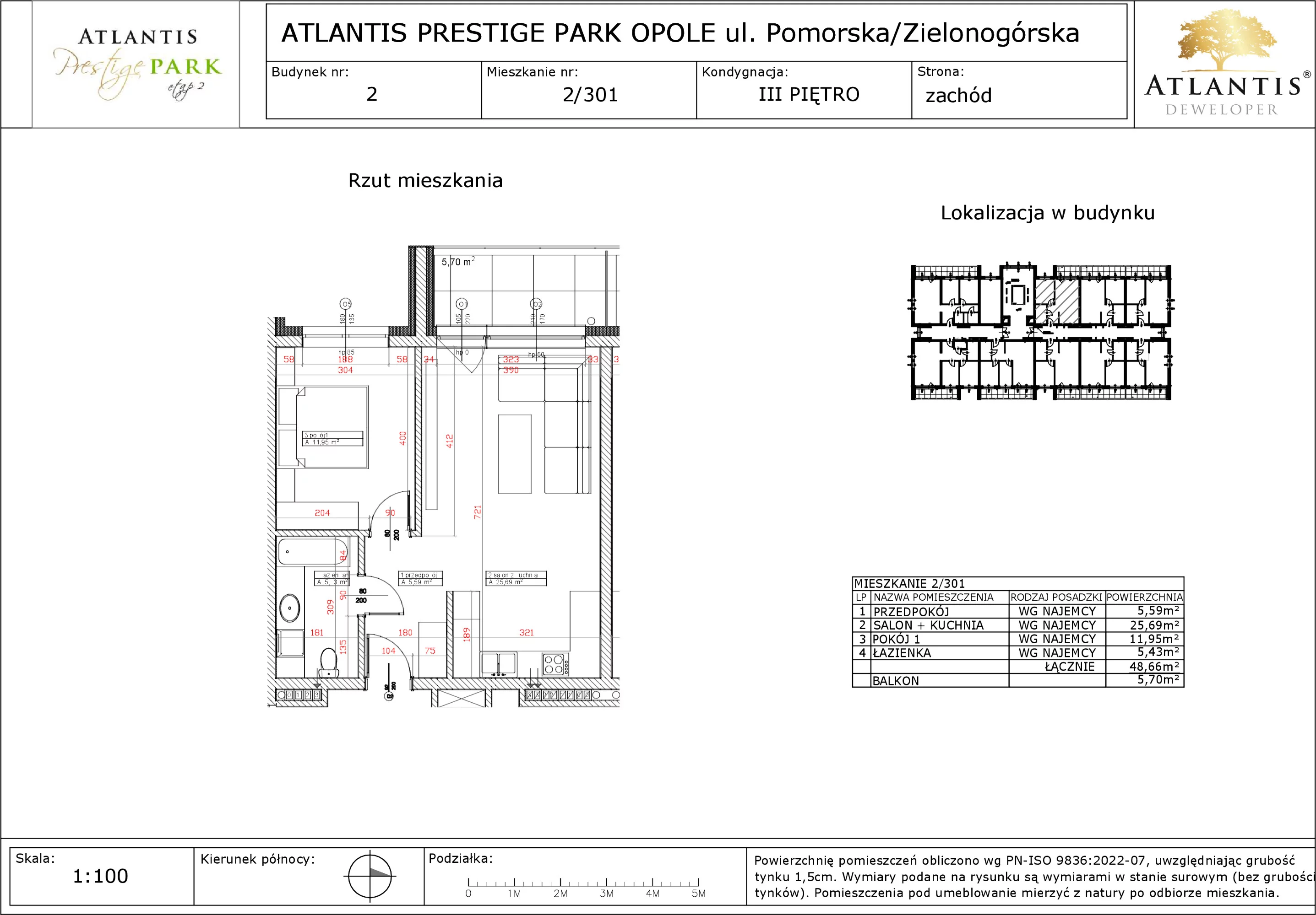 Apartament 48,66 m², piętro 3, oferta nr 2/301, Atlantis Prestige Park, Opole, Malinka, ul. Pomorska / Zielonogórska / Harcmistrza Kamińskiego