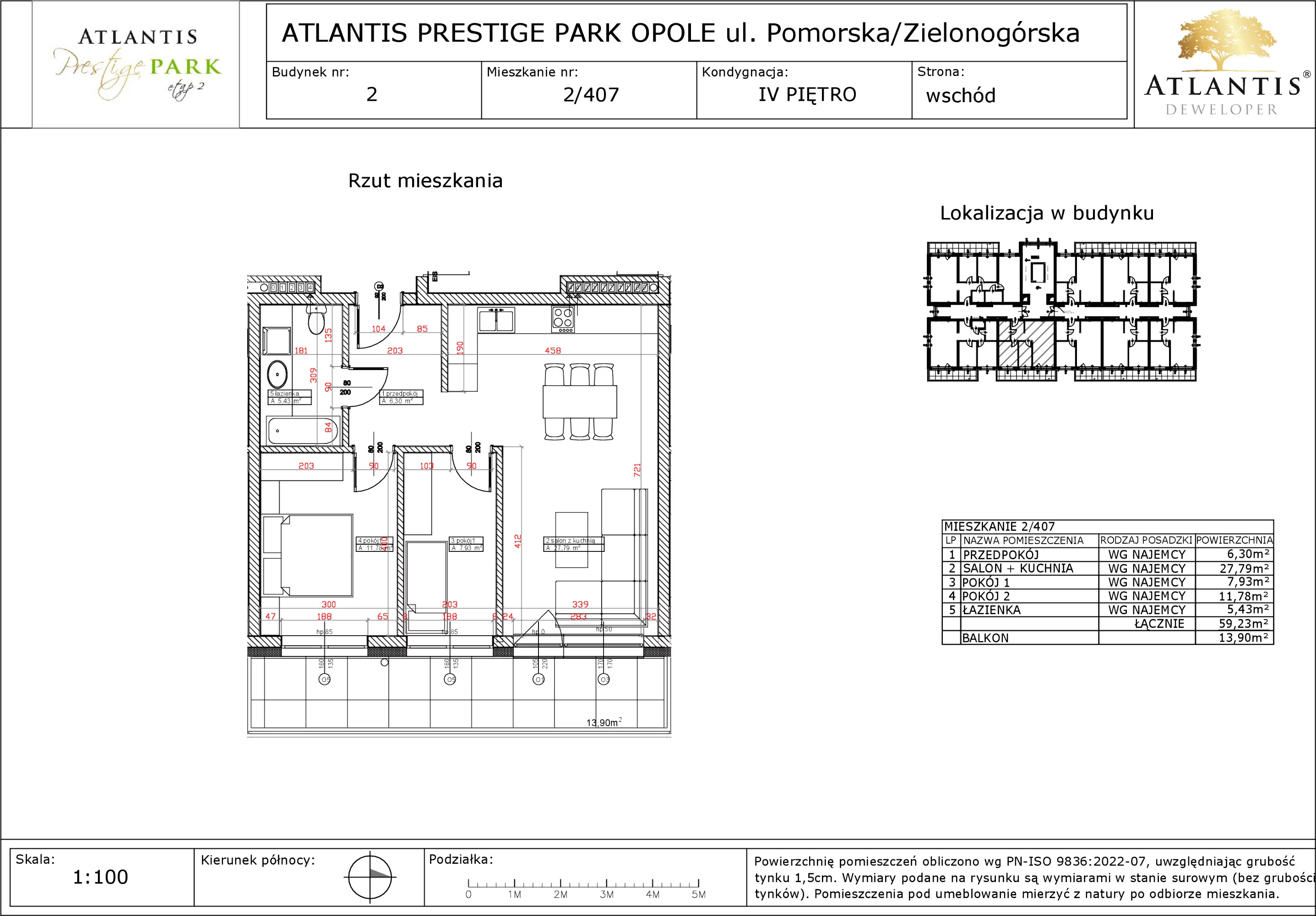 3 pokoje, apartament 59,23 m², piętro 4, oferta nr 2/407, Atlantis Prestige Park, Opole, Malinka, ul. Pomorska / Zielonogórska / Harcmistrza Kamińskiego