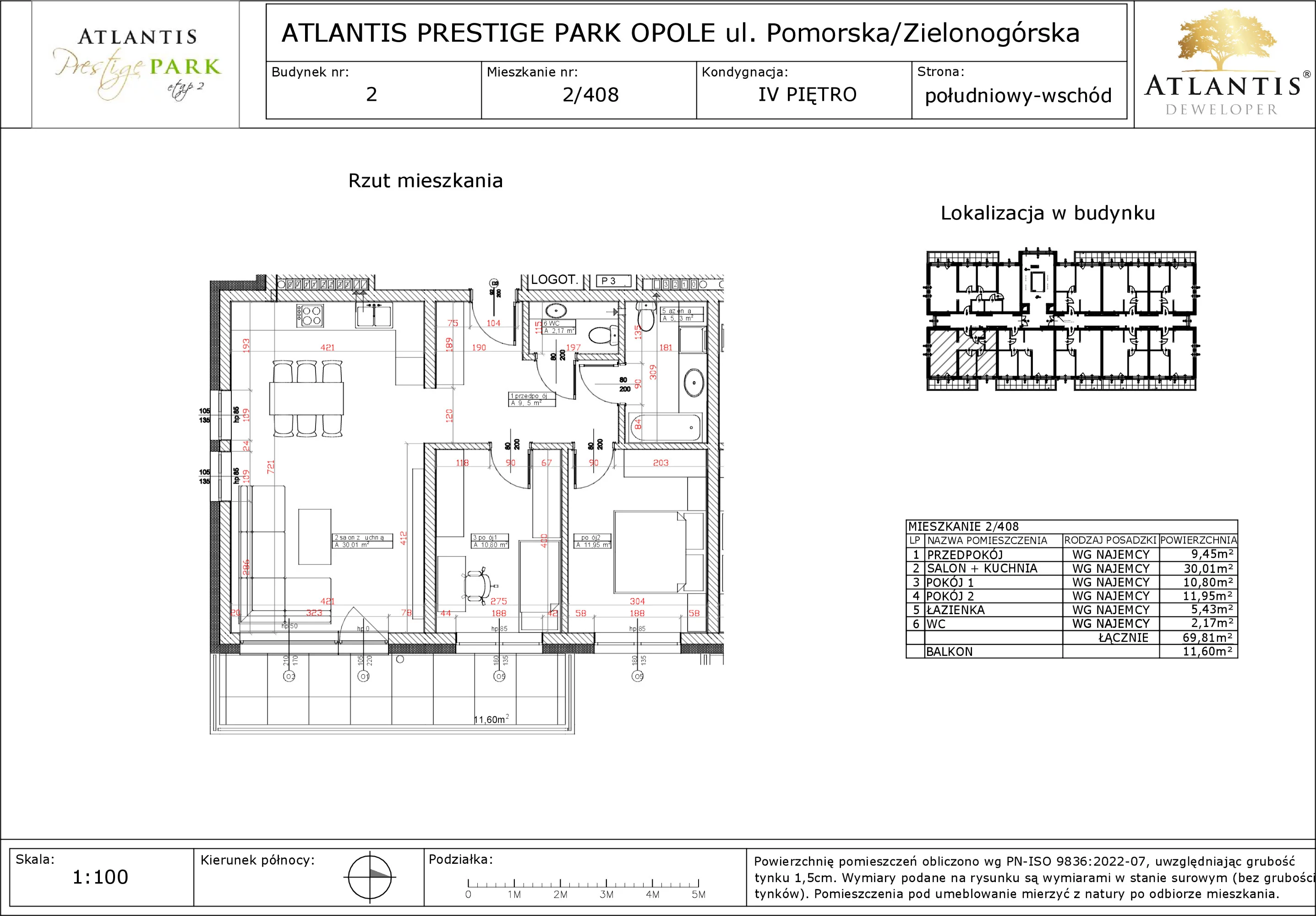 3 pokoje, apartament 69,81 m², piętro 4, oferta nr 2/408, Atlantis Prestige Park, Opole, Malinka, ul. Pomorska / Zielonogórska / Harcmistrza Kamińskiego