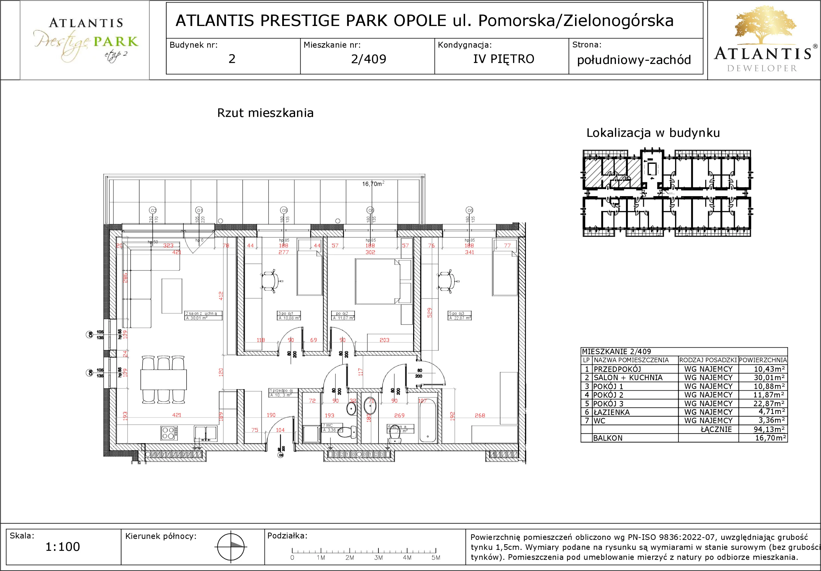 4 pokoje, apartament 94,13 m², piętro 4, oferta nr 2/409, Atlantis Prestige Park, Opole, Malinka, ul. Pomorska / Zielonogórska / Harcmistrza Kamińskiego