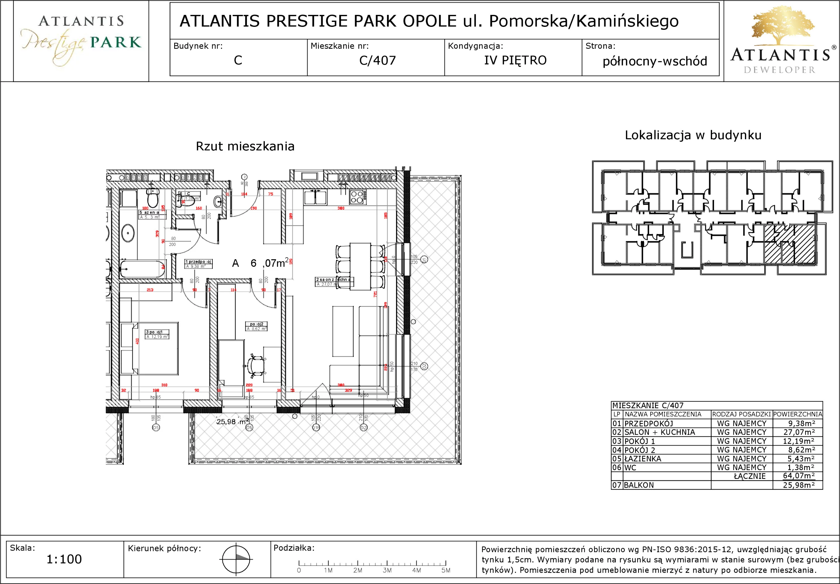 Apartament 64,07 m², piętro 4, oferta nr C/407, Atlantis Prestige Park Etap 2, Opole, Malinka, ul. Pomorska / Zielonogórska / Harcmistrza Kamińskiego