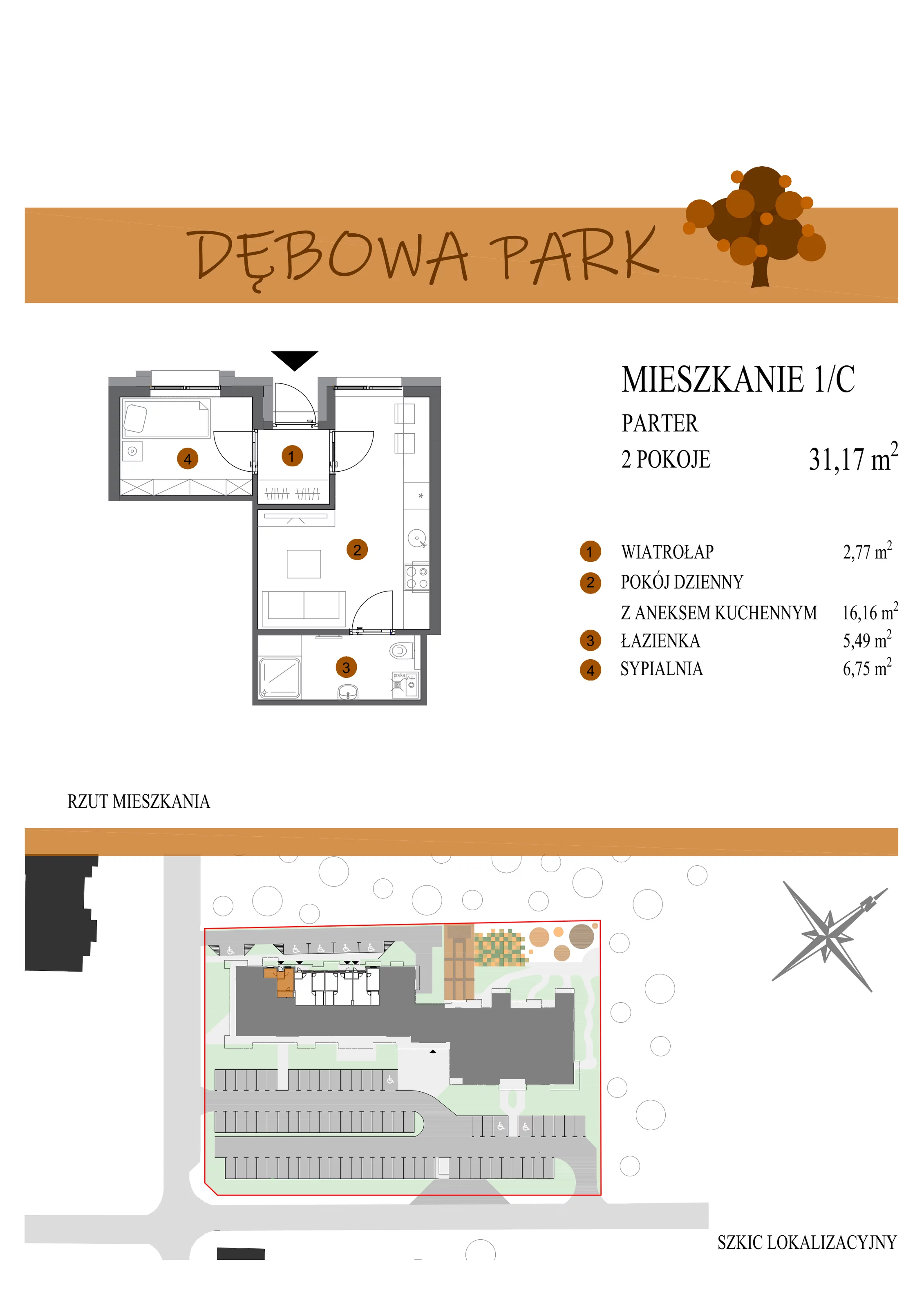 2 pokoje, mieszkanie 31,17 m², piętro 1, oferta nr 1C, Dębowa Park, Gogolin, ul. Dębowa