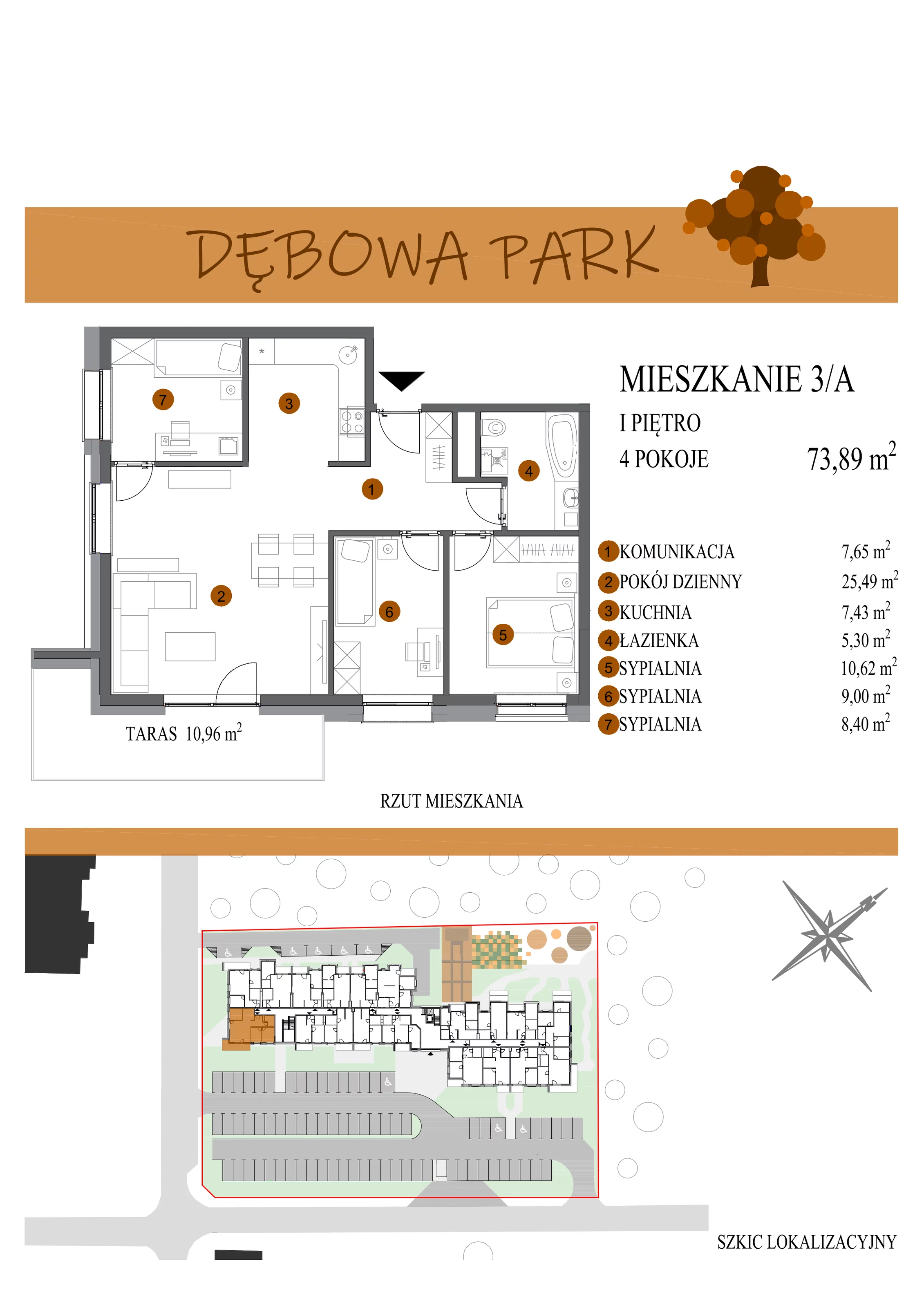4 pokoje, mieszkanie 73,89 m², piętro 1, oferta nr 3A, Dębowa Park, Gogolin, ul. Dębowa