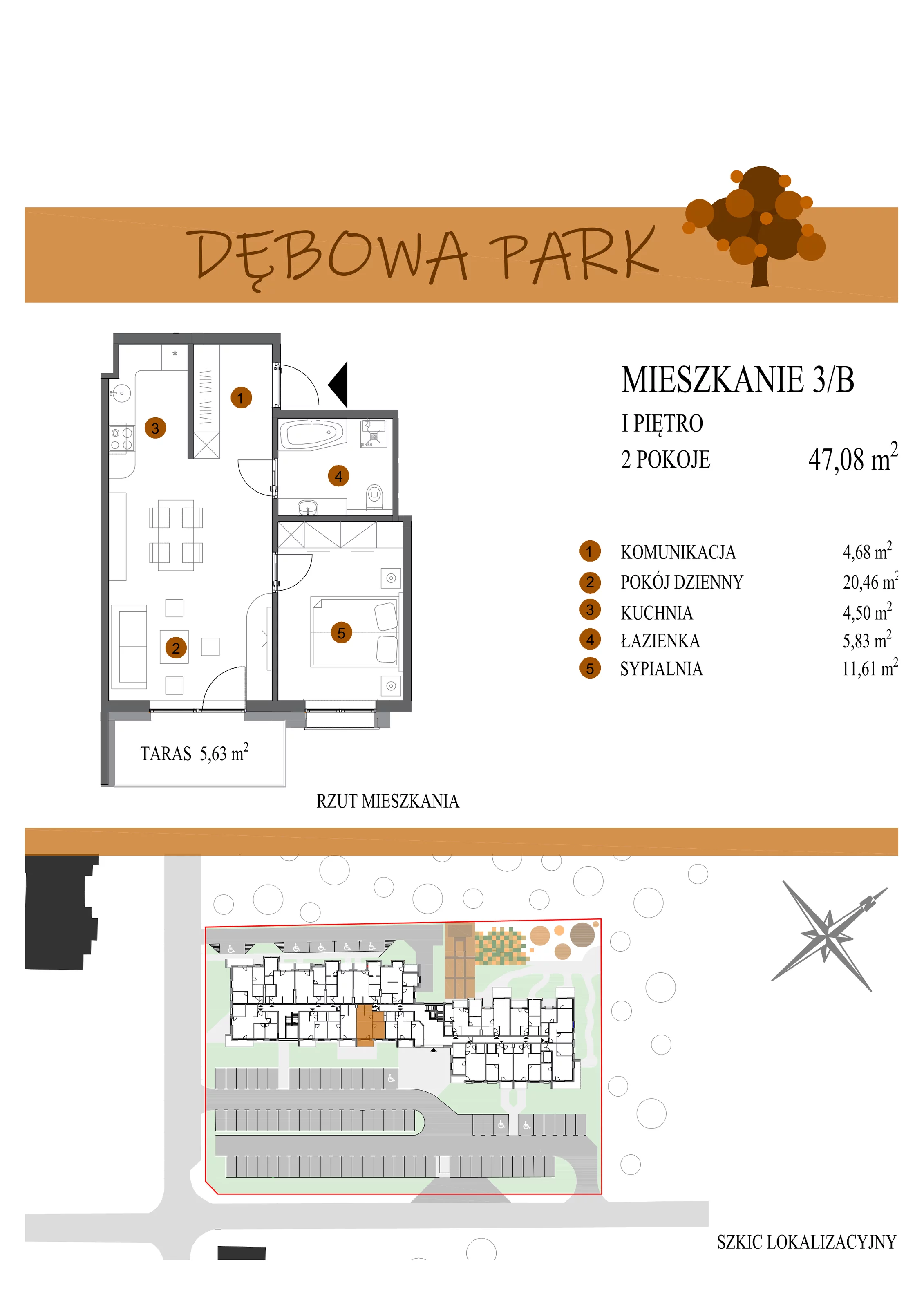 Mieszkanie 47,08 m², piętro 1, oferta nr 3B, Dębowa Park, Gogolin, ul. Dębowa