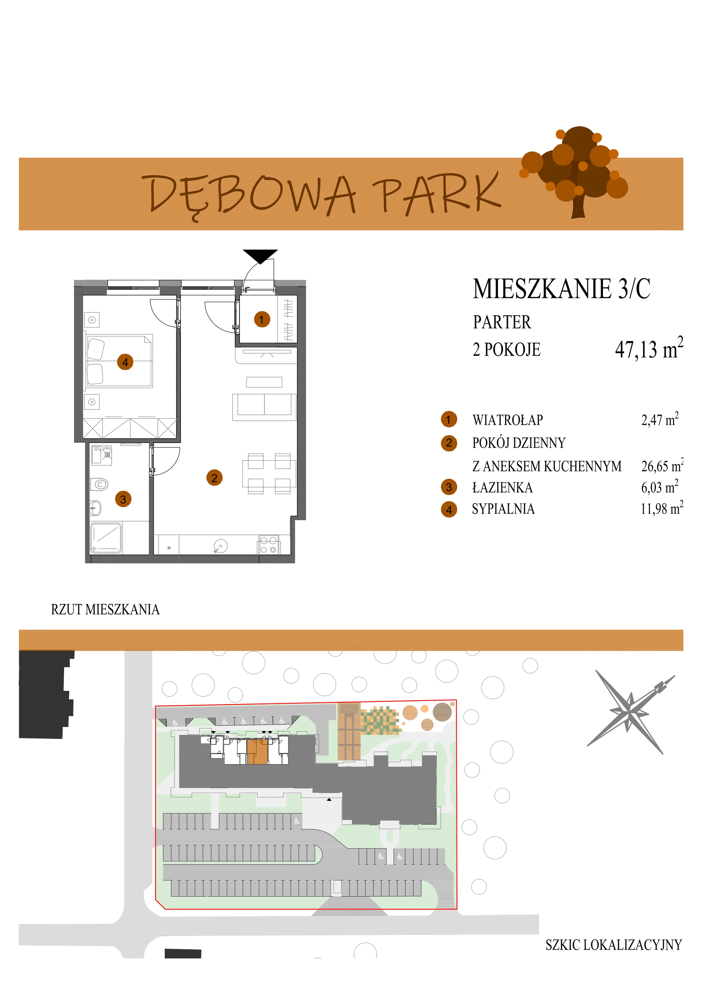 2 pokoje, mieszkanie 47,13 m², piętro 1, oferta nr 3C, Dębowa Park, Gogolin, ul. Dębowa