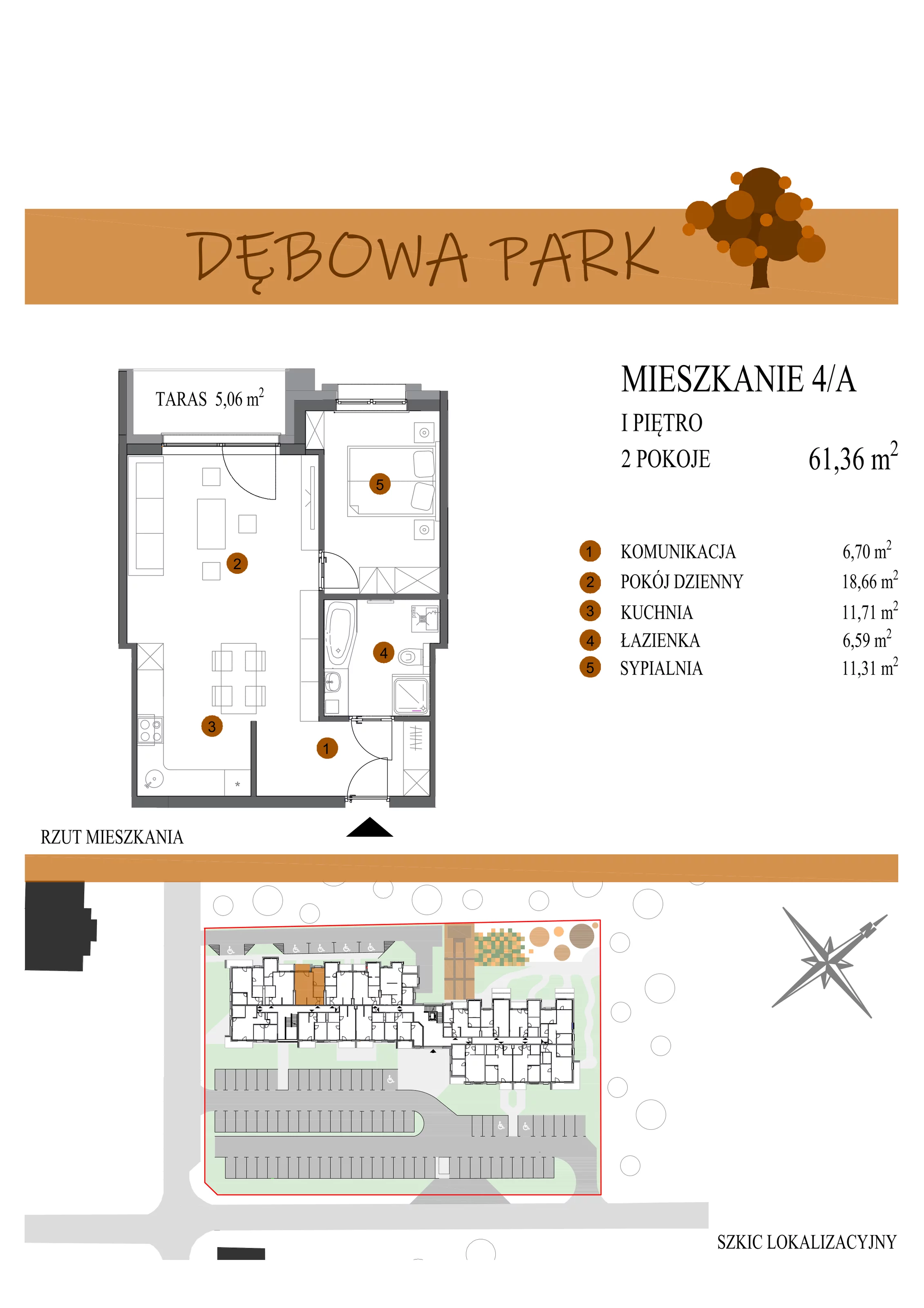 Mieszkanie 61,36 m², piętro 1, oferta nr 4A, Dębowa Park, Gogolin, ul. Dębowa