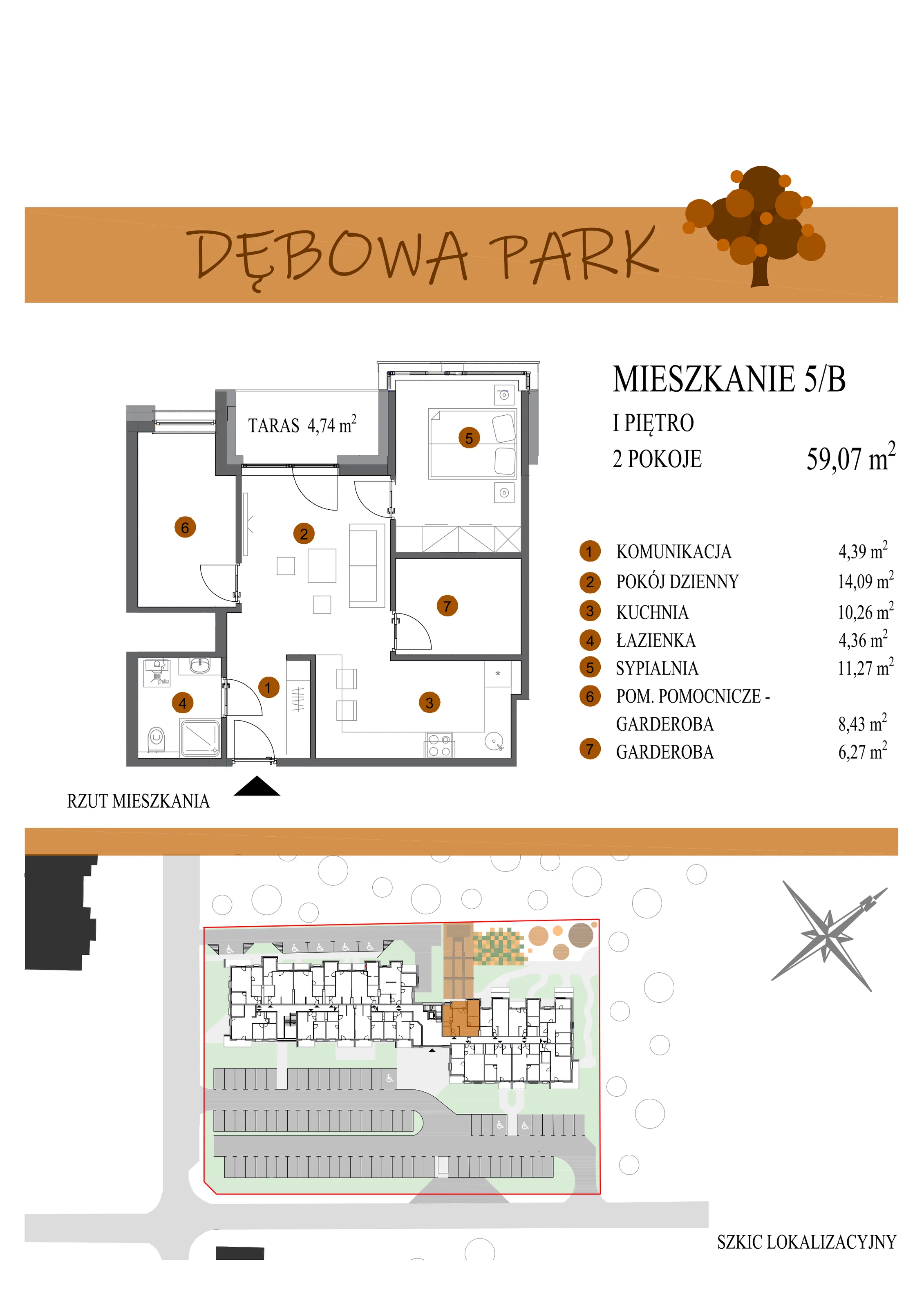 Mieszkanie 59,07 m², piętro 1, oferta nr 5B, Dębowa Park, Gogolin, ul. Dębowa