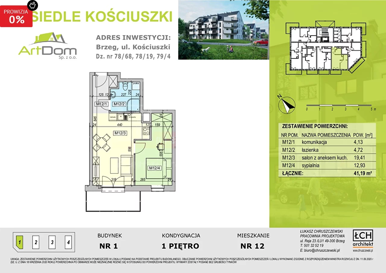 2 pokoje, mieszkanie 41,19 m², piętro 1, oferta nr , 15984, Brzeg