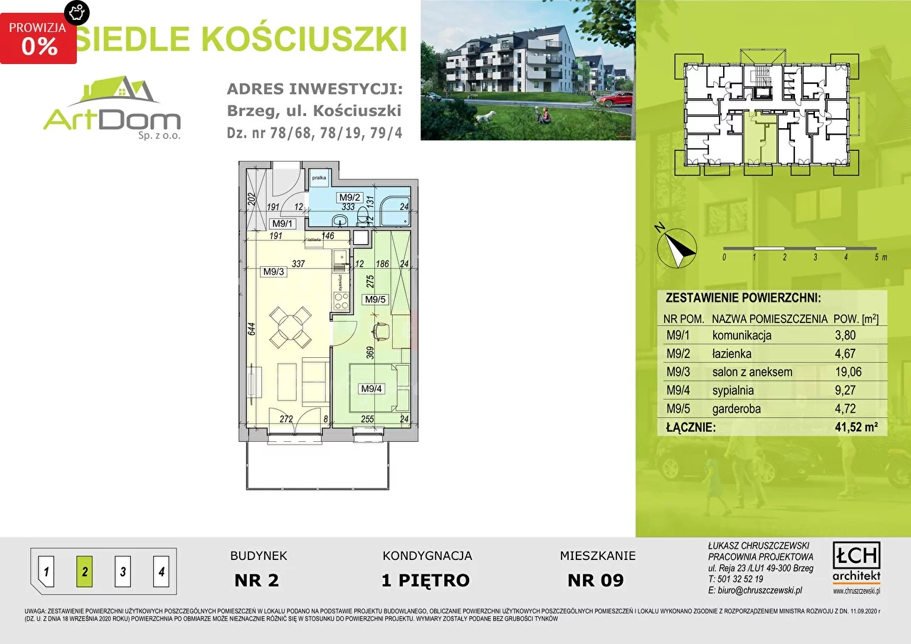 2 pokoje, mieszkanie 41,52 m², piętro 1, oferta nr , 16013, Brzeg
