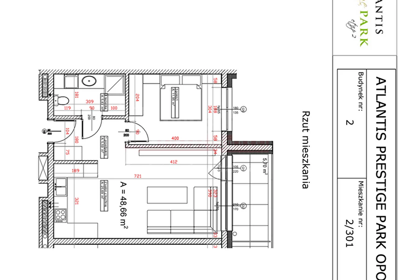 2 pokoje, mieszkanie 48,66 m², piętro 3, oferta nr , 15552, Opole, Malinka