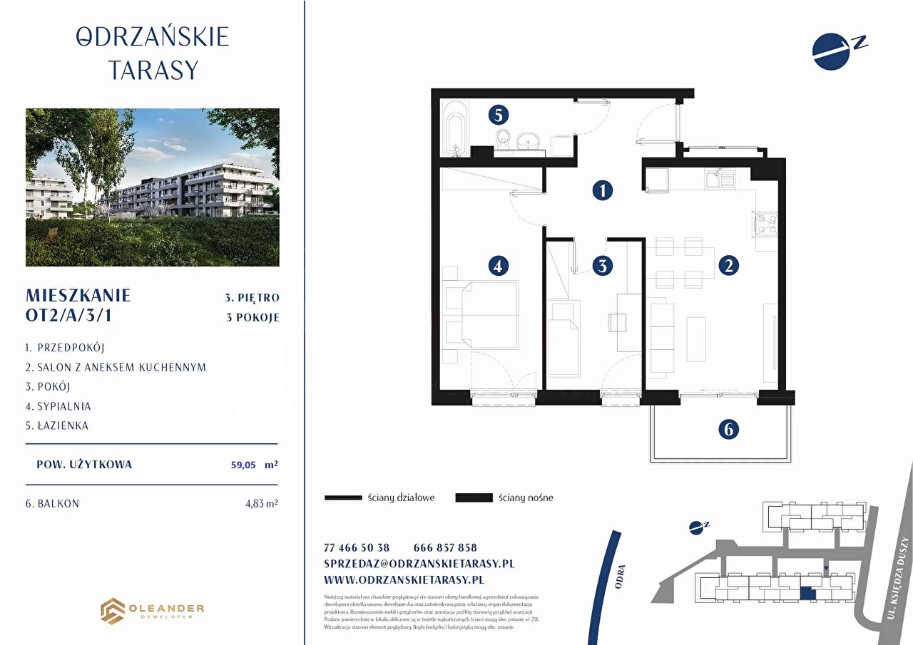 3 pokoje, mieszkanie 59,05 m², piętro 3, oferta nr , 16269, Krapkowice