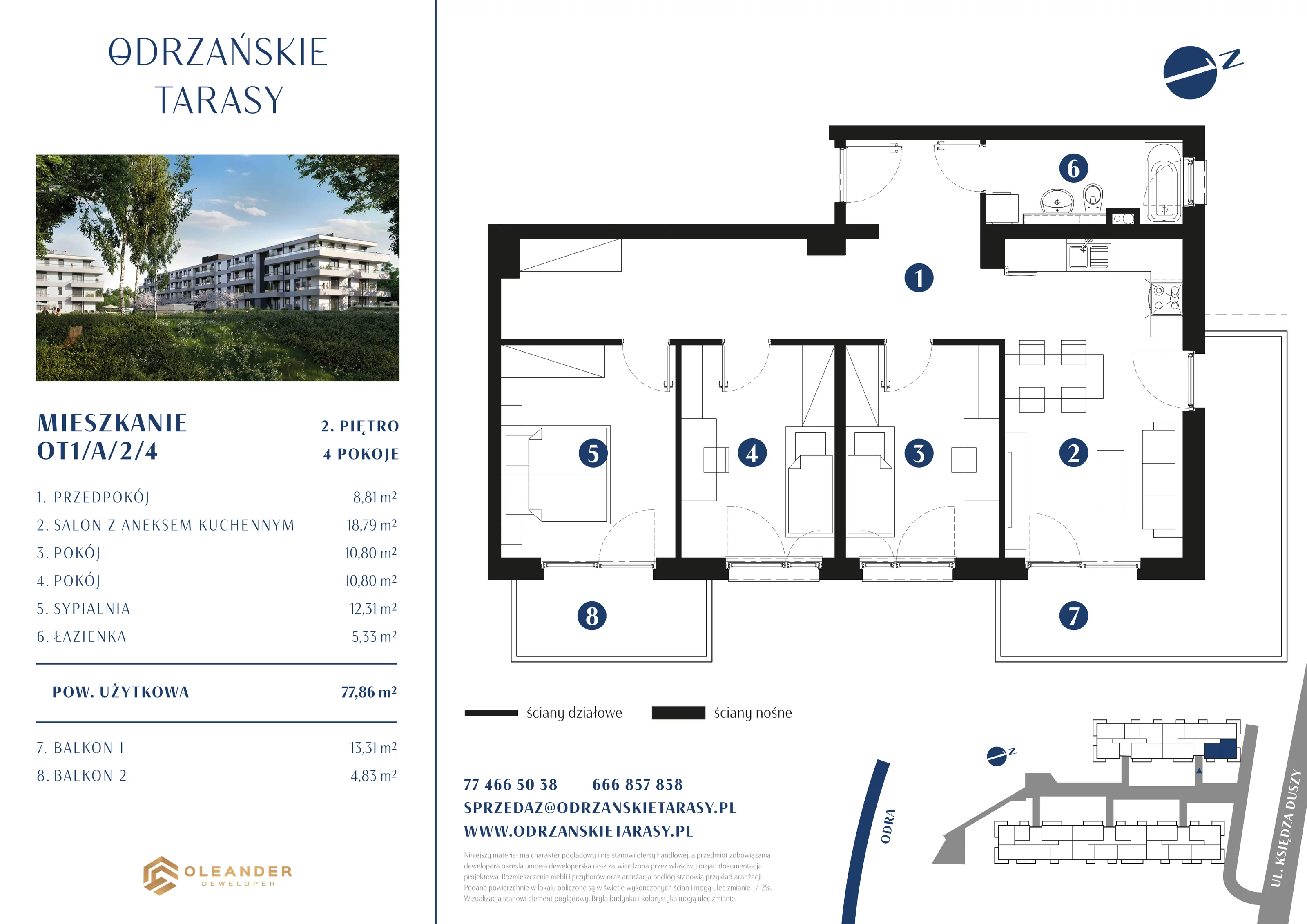 4 pokoje, mieszkanie 77,86 m², piętro 2, oferta nr OT1/A/2/4, Odrzańskie Tarasy, Krapkowice, ul. Ks. Franciszka Duszy