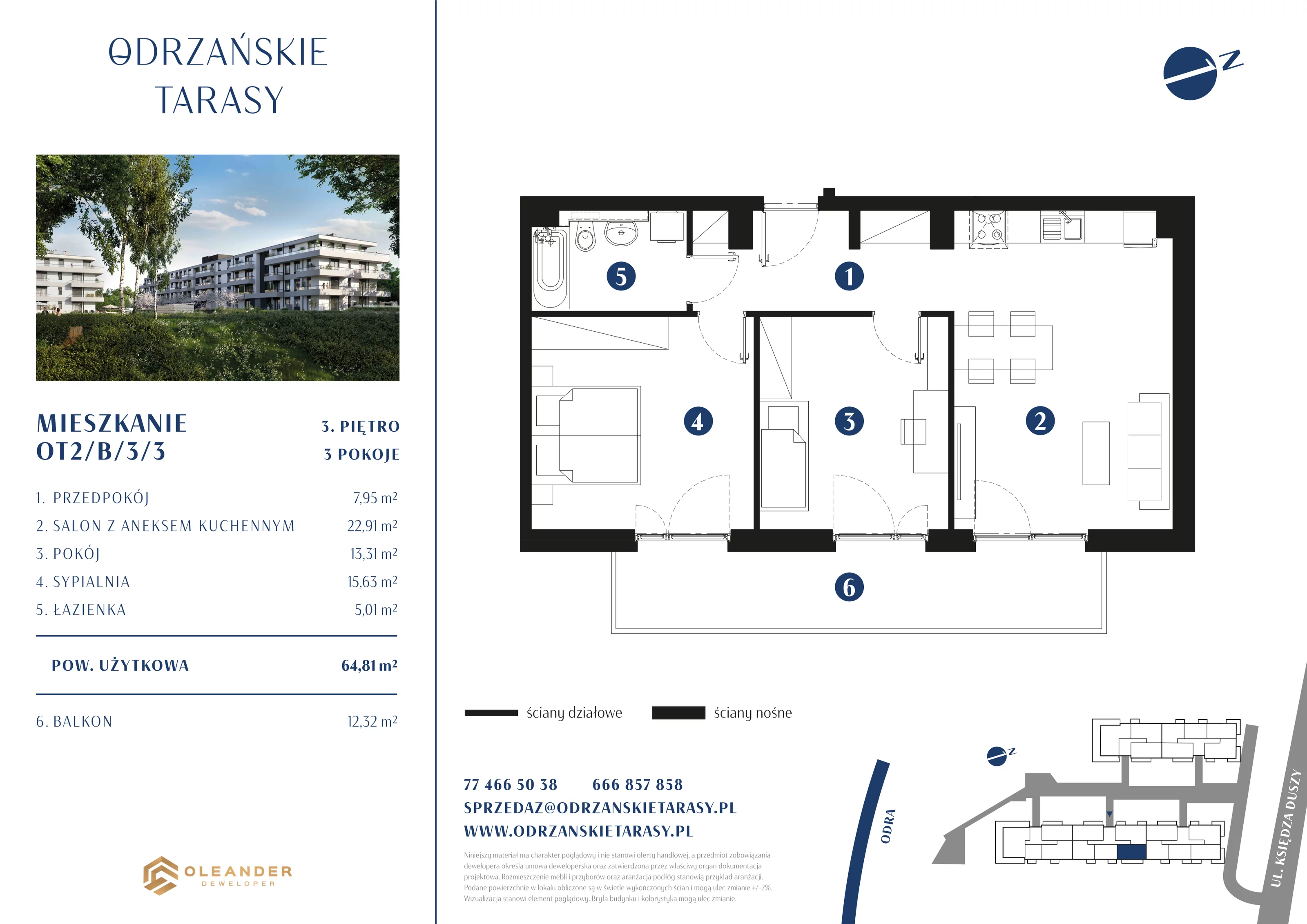 Mieszkanie 64,81 m², piętro 3, oferta nr OT2/B/3/3, Odrzańskie Tarasy, Krapkowice, ul. Ks. Franciszka Duszy