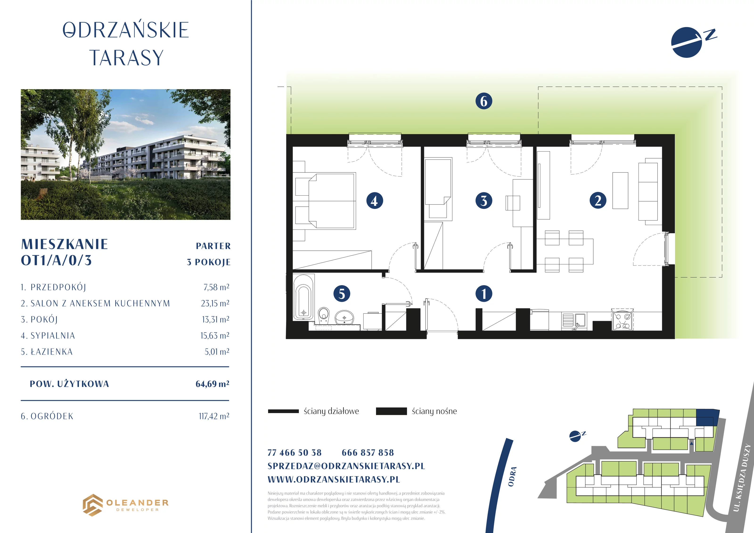 Mieszkanie 64,41 m², parter, oferta nr OT1/A/0/3, Odrzańskie Tarasy, Krapkowice, ul. Ks. Franciszka Duszy