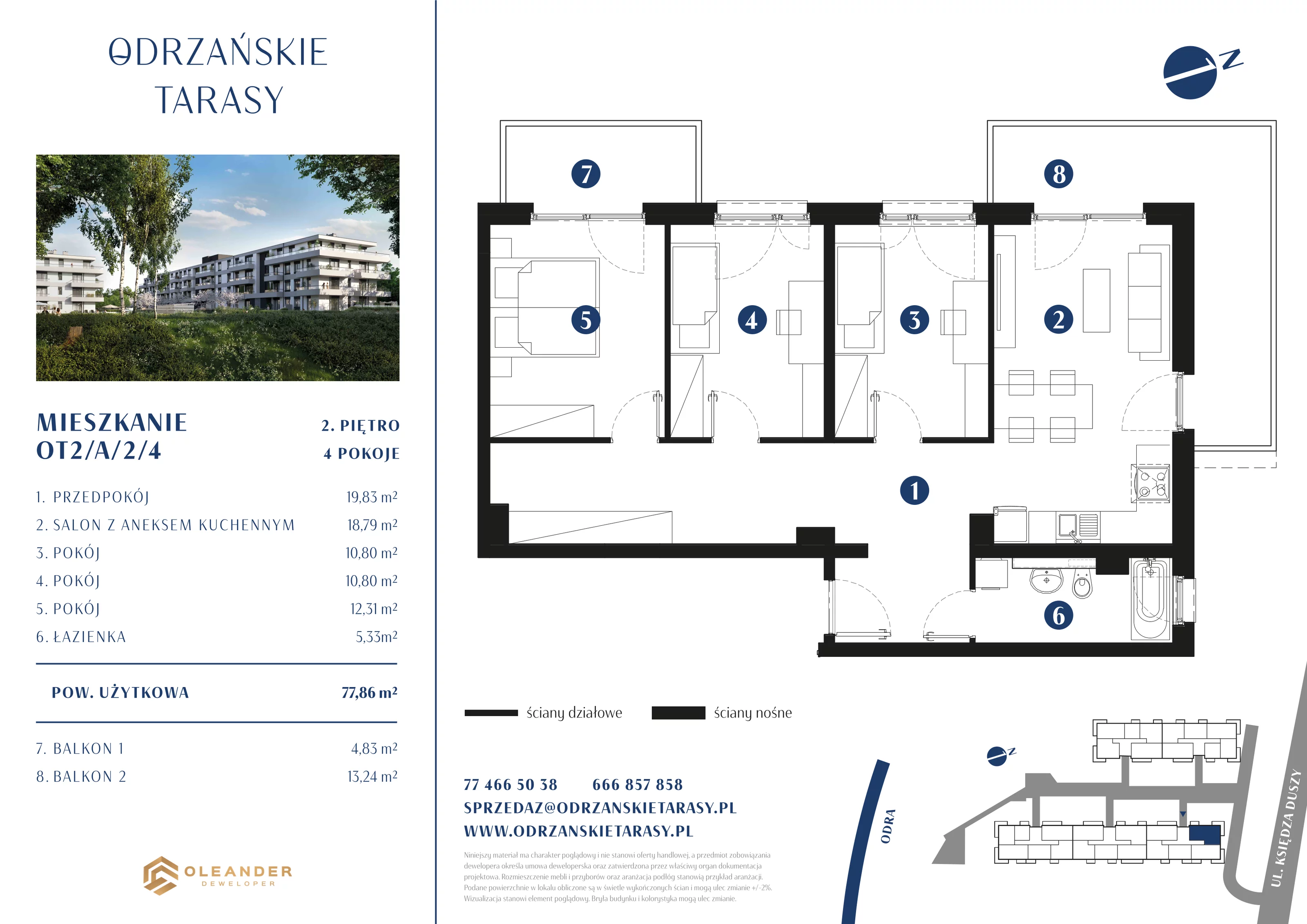 4 pokoje, mieszkanie 78,32 m², piętro 2, oferta nr OT2/A/2/4, Odrzańskie Tarasy, Krapkowice, ul. Ks. Franciszka Duszy