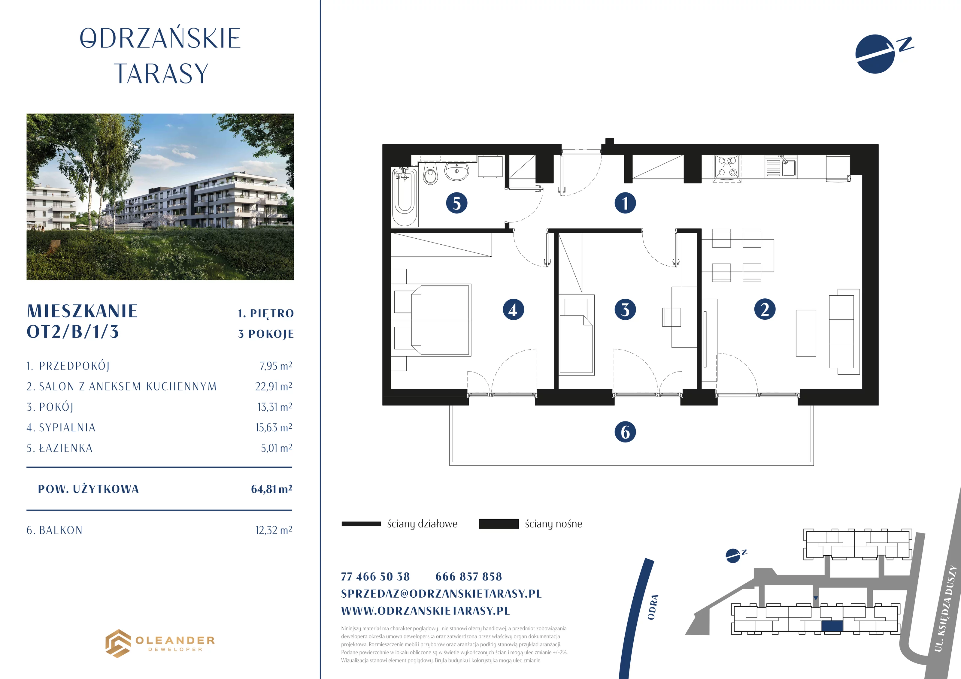 Mieszkanie 64,74 m², piętro 1, oferta nr OT2/B/1/3, Odrzańskie Tarasy, Krapkowice, ul. Ks. Franciszka Duszy